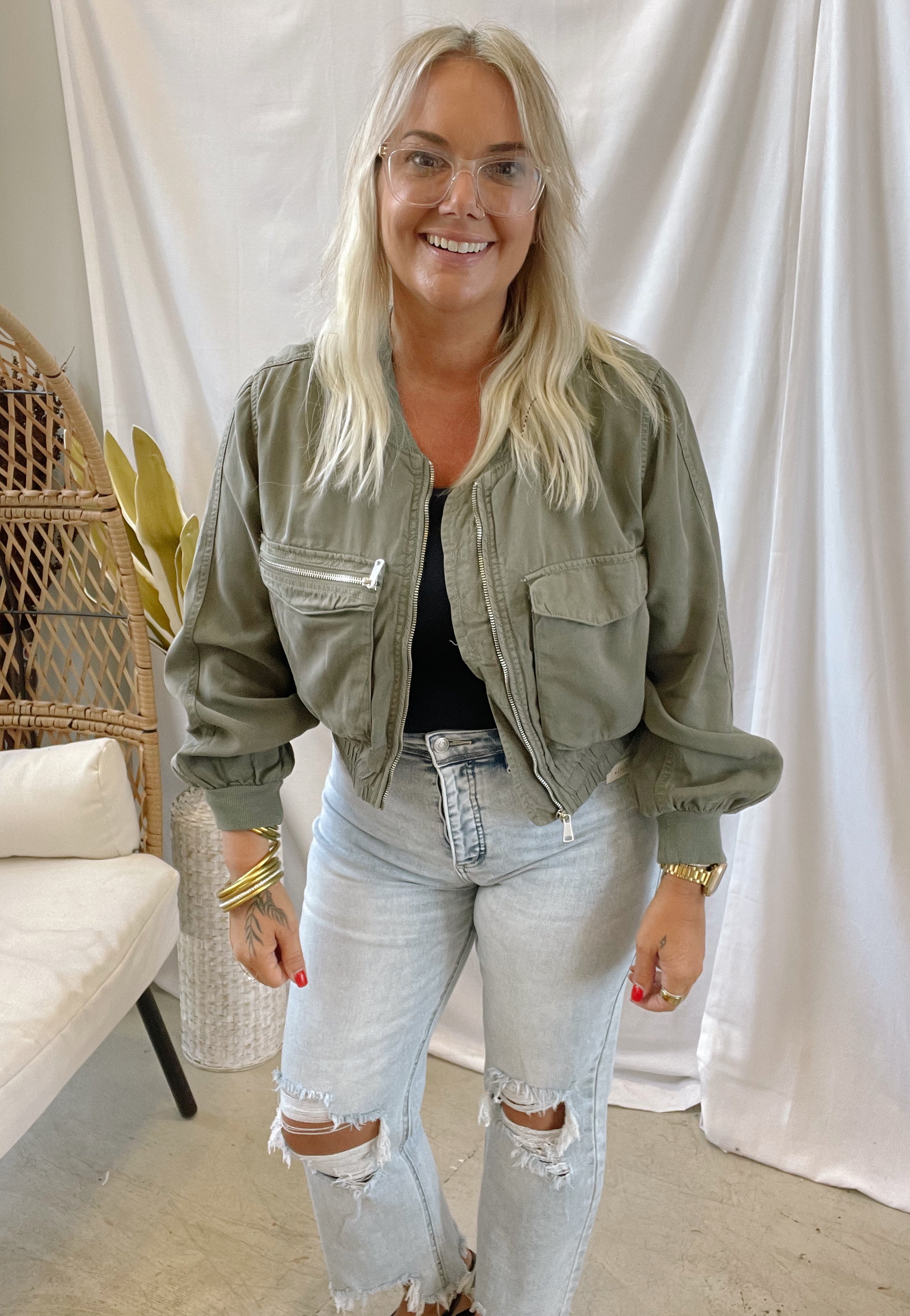 Risen Olive Bomber Jacket-Coats & Jackets-risen-The Silo Boutique, Women's Fashion Boutique Located in Warren and Grand Forks North Dakota