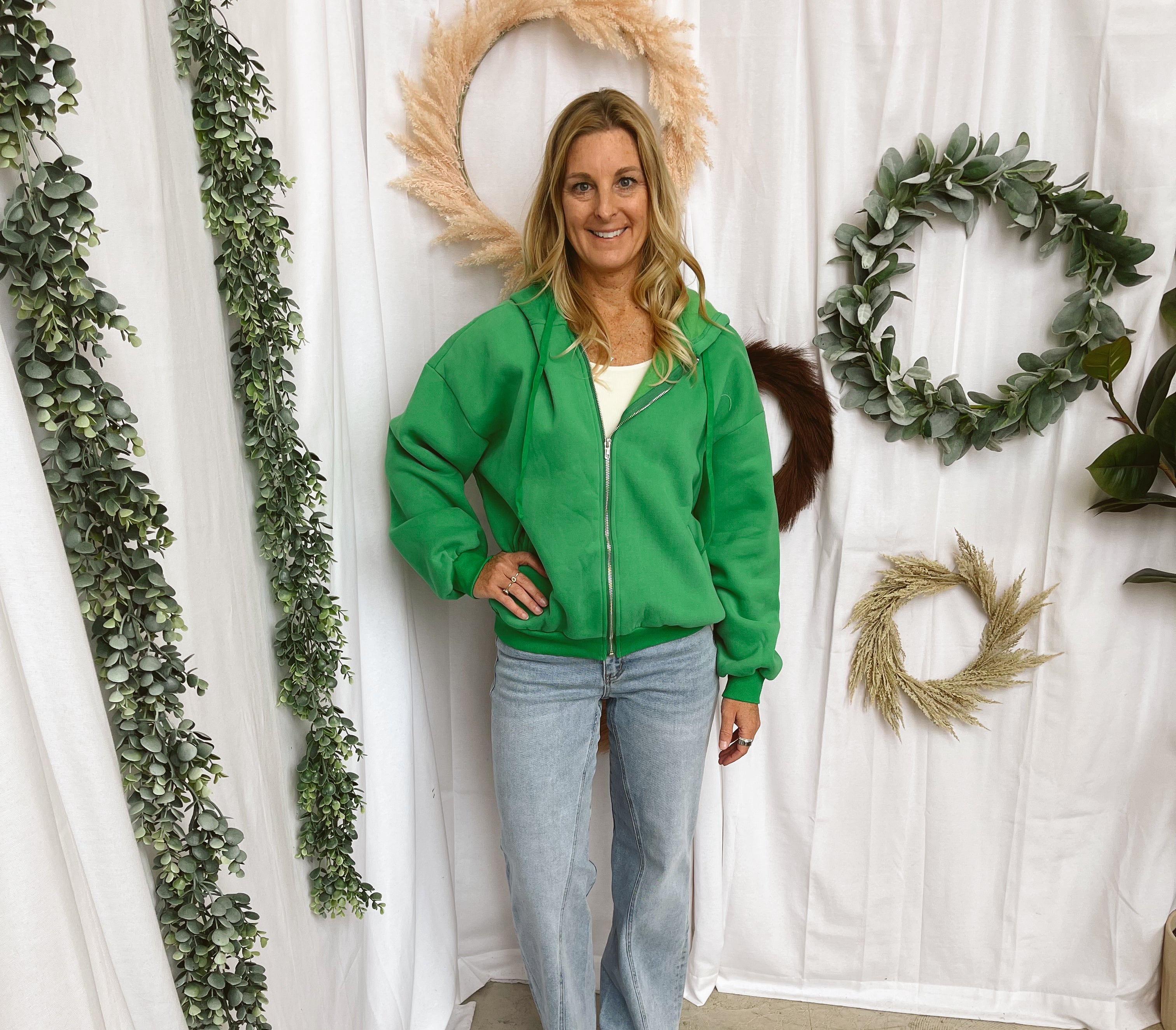 University Hooded Zip Sweatshirt-Green-Sweatshirts-tictoc-The Silo Boutique, Women's Fashion Boutique Located in Warren and Grand Forks North Dakota