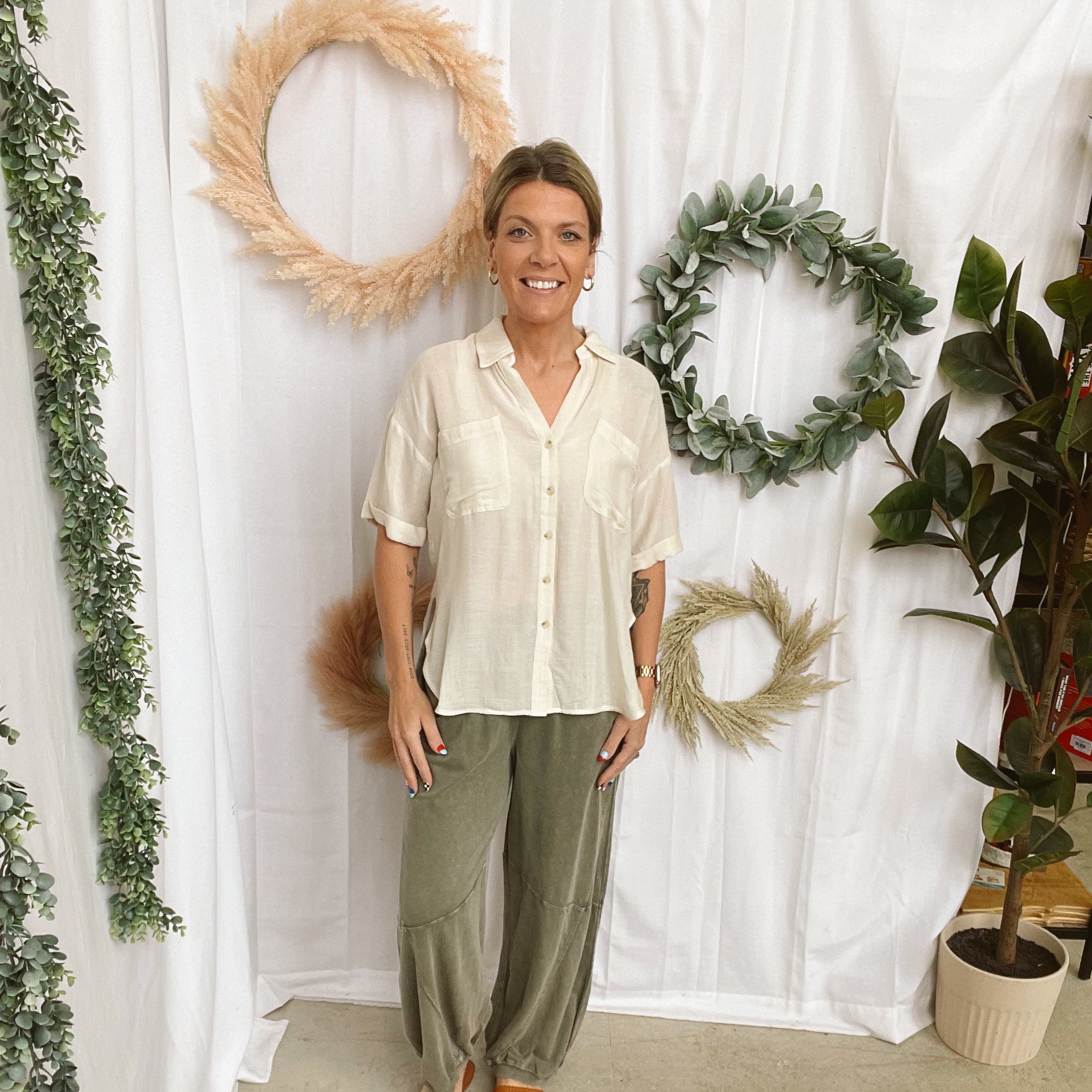 Natural Button Up Top-Short Sleeve Tops-hem and thread-The Silo Boutique, Women's Fashion Boutique Located in Warren and Grand Forks North Dakota