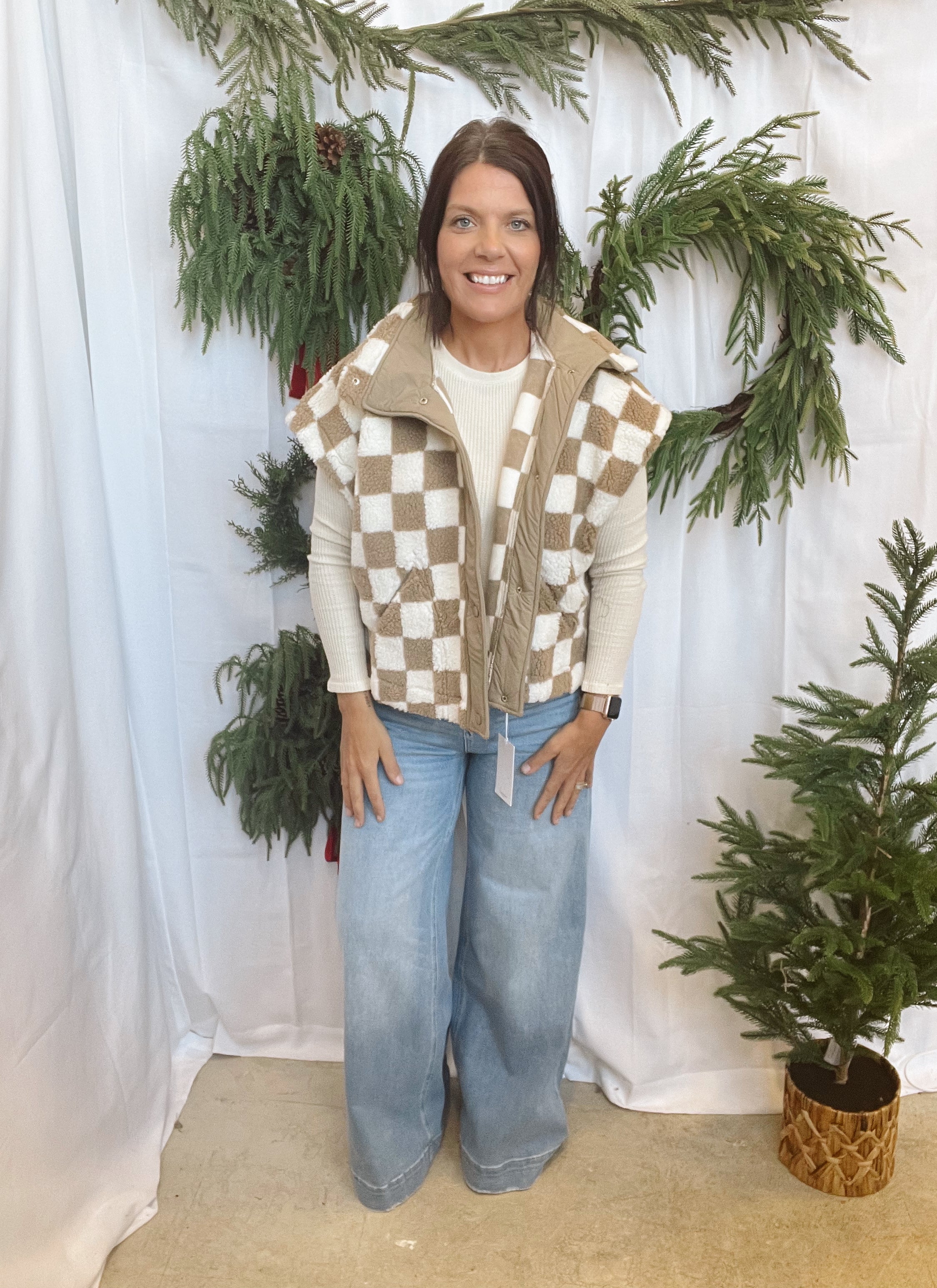 Beige Checker Sherpa Vest-Vests-so me-The Silo Boutique, Women's Fashion Boutique Located in Warren and Grand Forks North Dakota