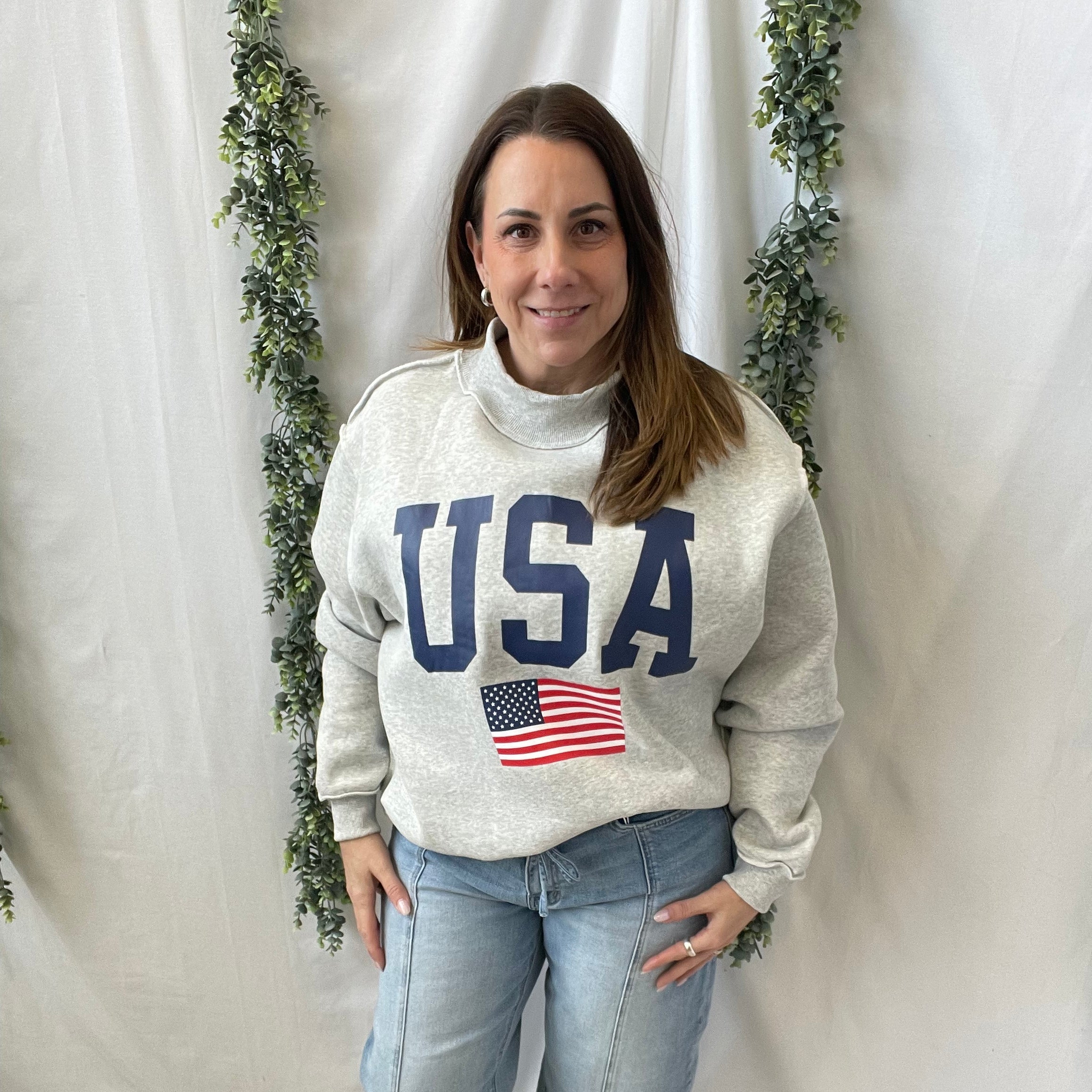 USA Grey Mock Sweatshirt-Sweatshirts-bucketlist-The Silo Boutique, Women's Fashion Boutique Located in Warren and Grand Forks North Dakota