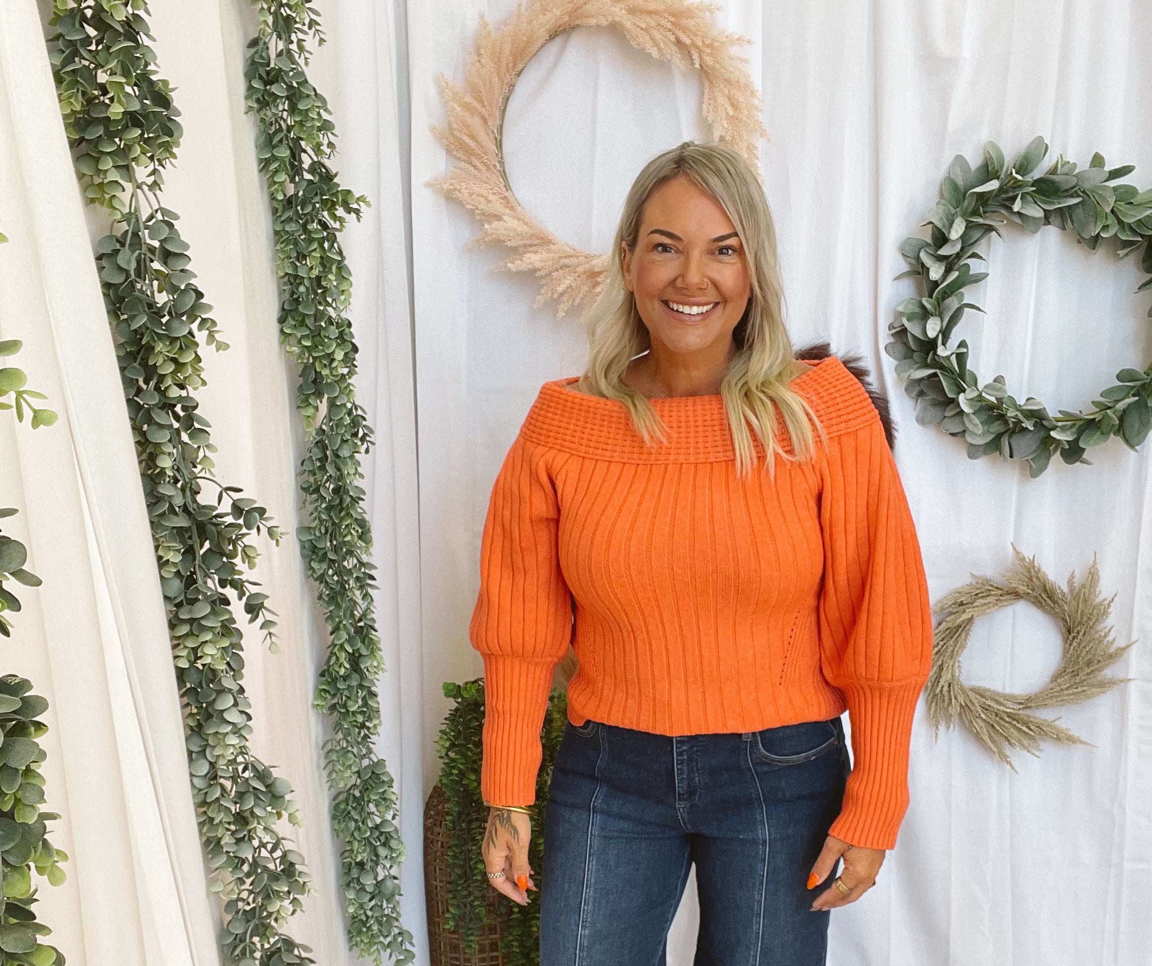 Snowie Off The Shoulder Sweater-Tomato-Sweaters-cotierra-The Silo Boutique, Women's Fashion Boutique Located in Warren and Grand Forks North Dakota