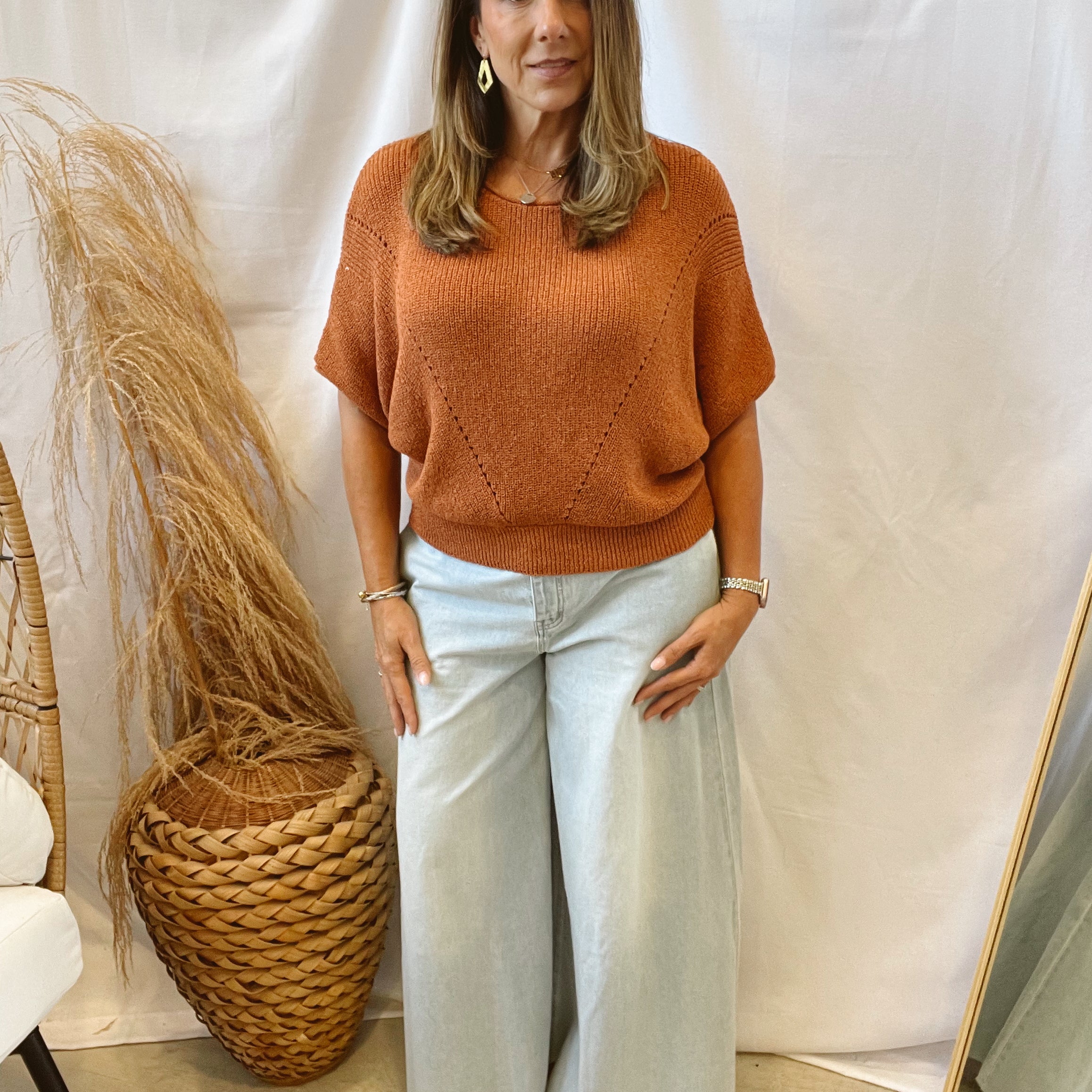 Pointelle Short Sleeve Sweater-Rust-Sweaters-promesa-The Silo Boutique, Women's Fashion Boutique Located in Warren and Grand Forks North Dakota
