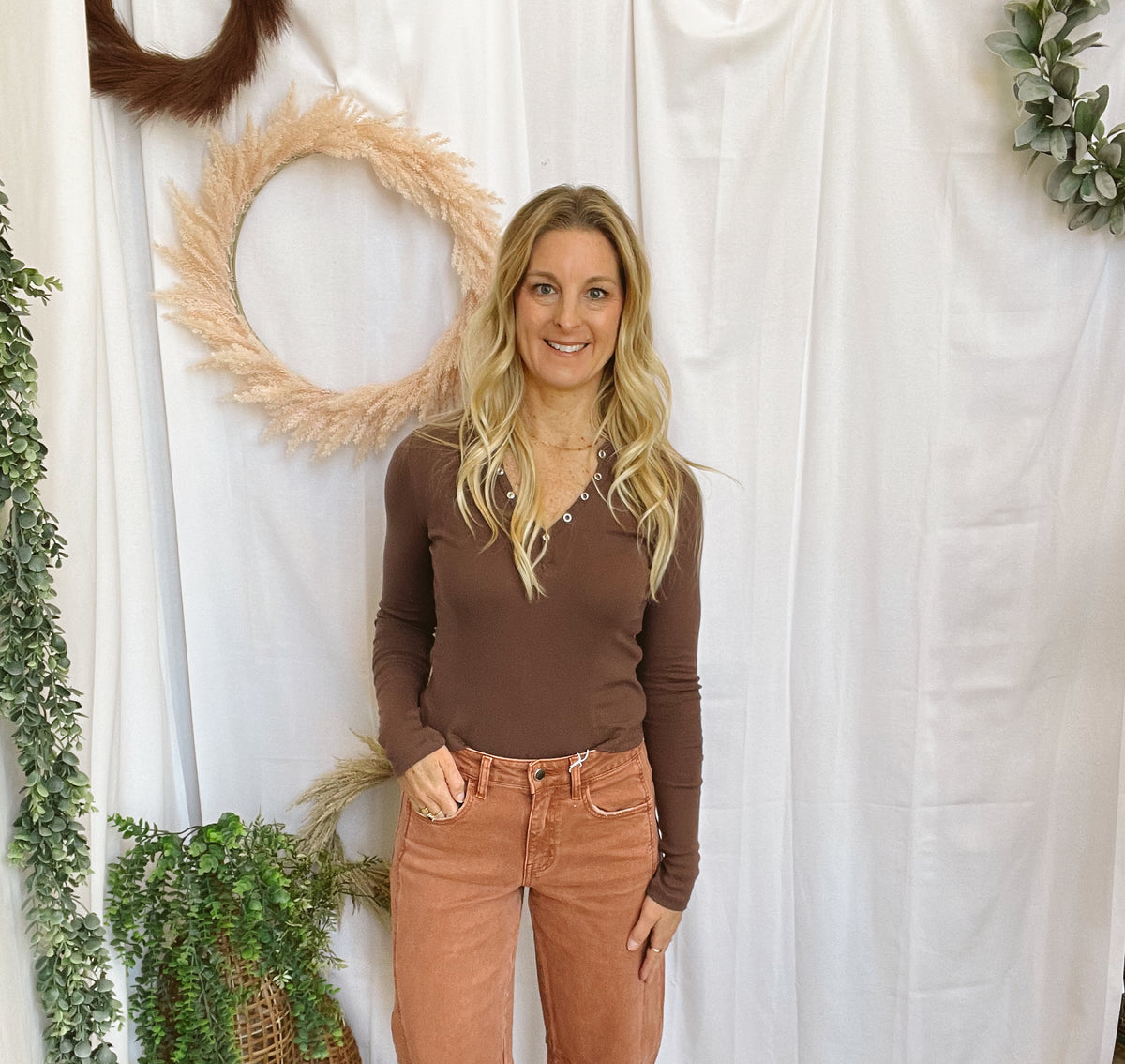 Jennifer Henley Top-Brown-Long Sleeve Tops-hyfve-The Silo Boutique, Women's Fashion Boutique Located in Warren and Grand Forks North Dakota