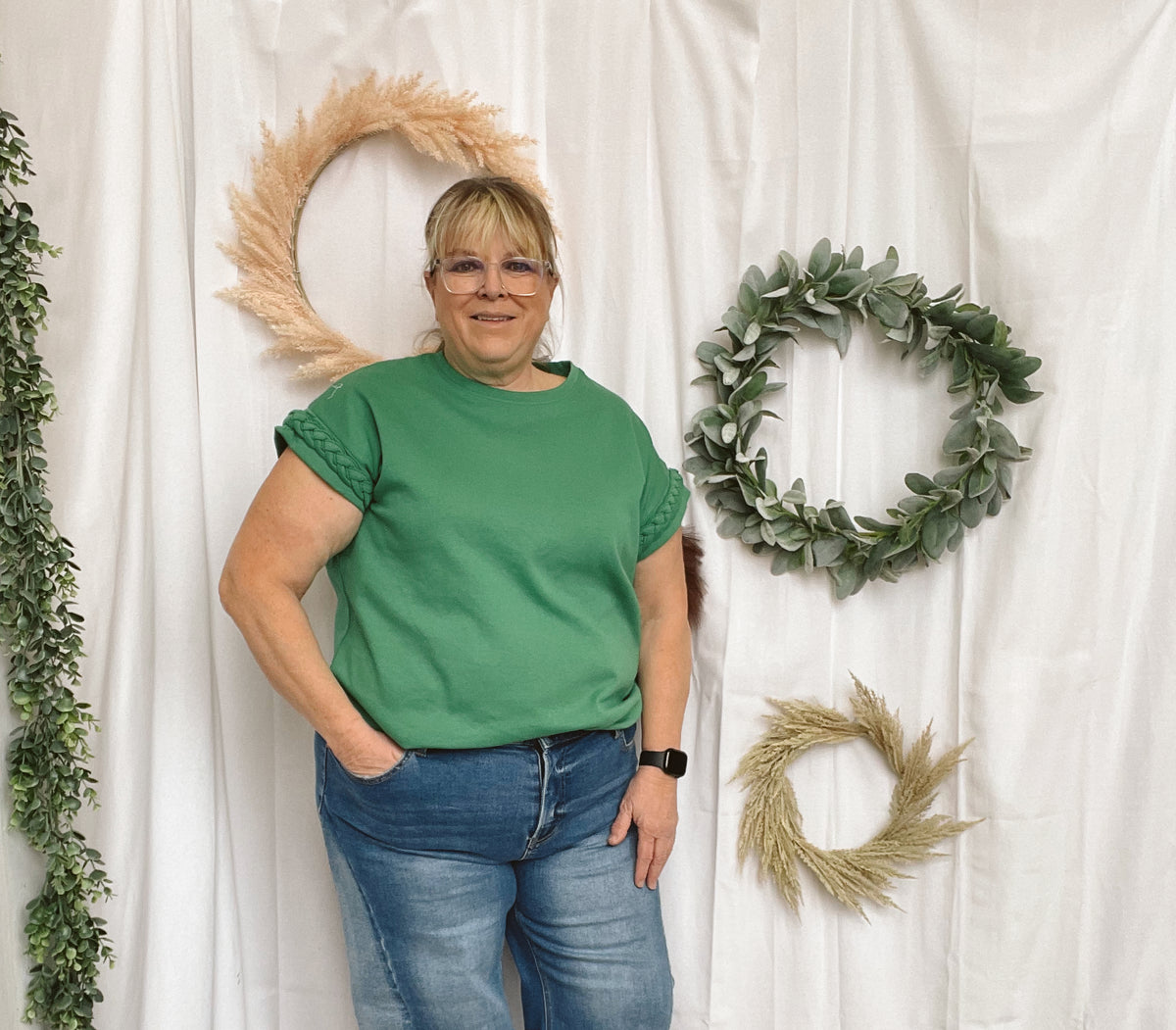 Eve Braided Sleeve Top-Green-Short Sleeve Tops-ENTRO-The Silo Boutique, Women's Fashion Boutique Located in Warren and Grand Forks North Dakota