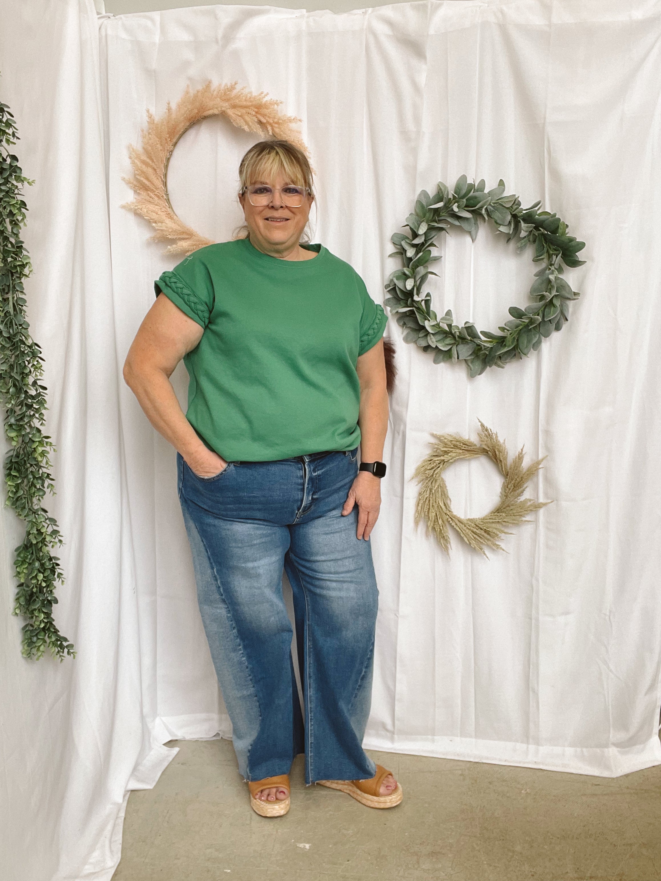 Eve Braided Sleeve Top-Green-Short Sleeve Tops-ENTRO-The Silo Boutique, Women's Fashion Boutique Located in Warren and Grand Forks North Dakota