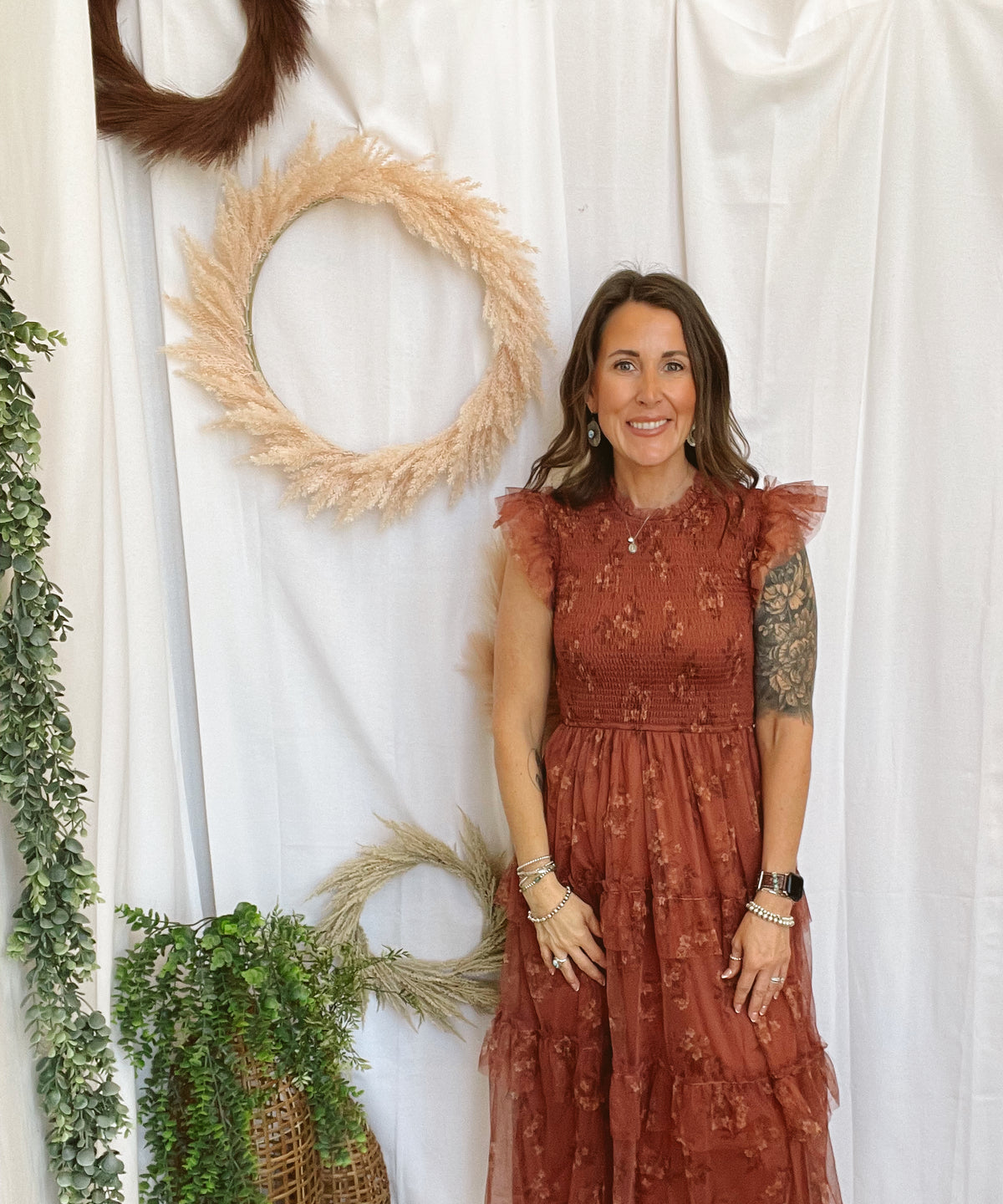 Tia Ruffle Floral Dress-Terracotta-Dresses-blu pepper-The Silo Boutique, Women's Fashion Boutique Located in Warren and Grand Forks North Dakota