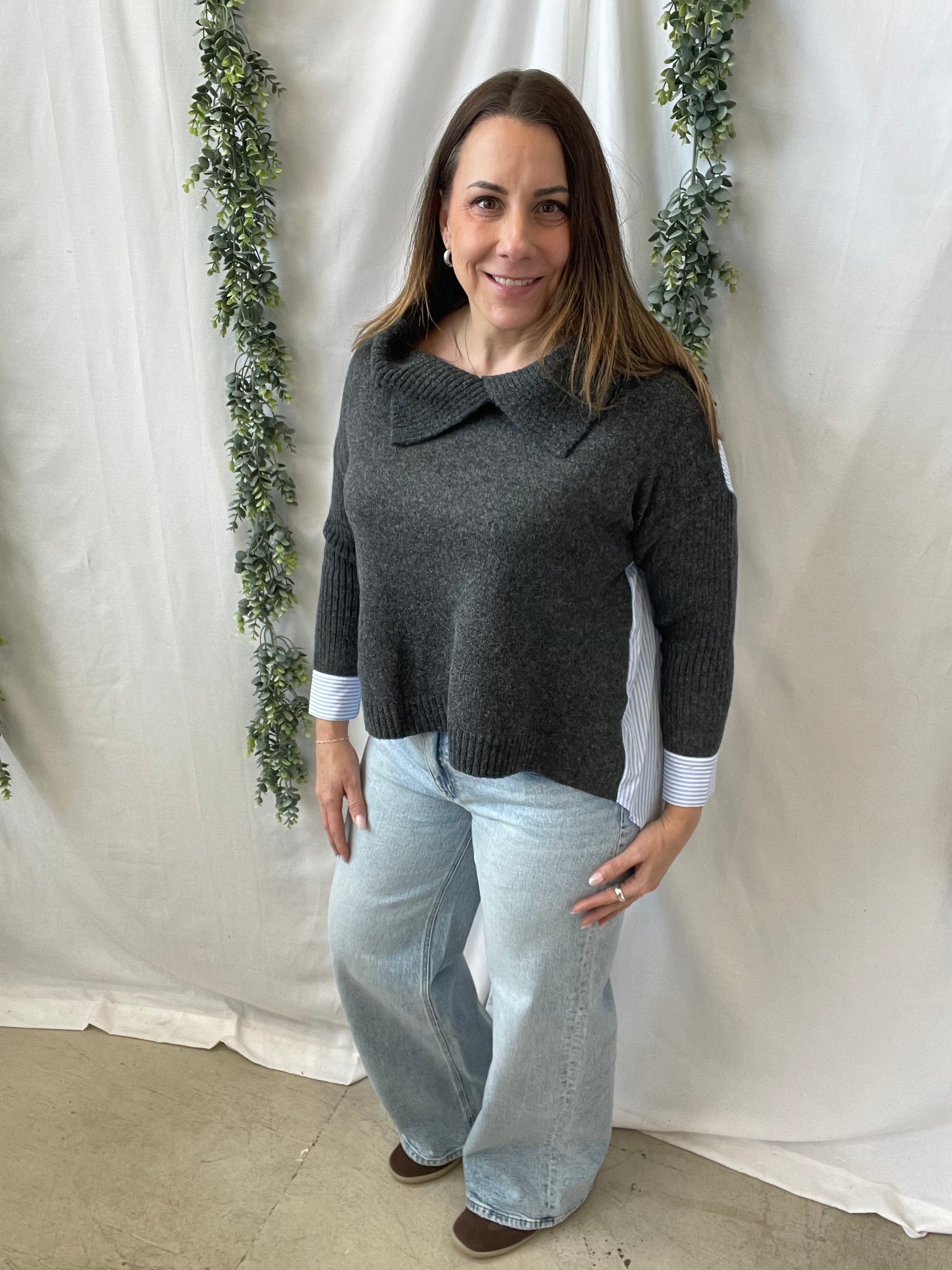 Striped Contrast Off The Shoulder Top-Long Sleeve Tops-bucketlist-The Silo Boutique, Women's Fashion Boutique Located in Warren and Grand Forks North Dakota