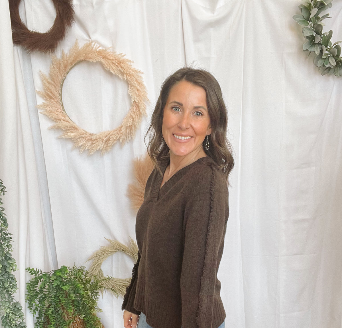 Elan Falling V Neck Sweater-Brown-Sweaters-elan-The Silo Boutique, Women's Fashion Boutique Located in Warren and Grand Forks North Dakota