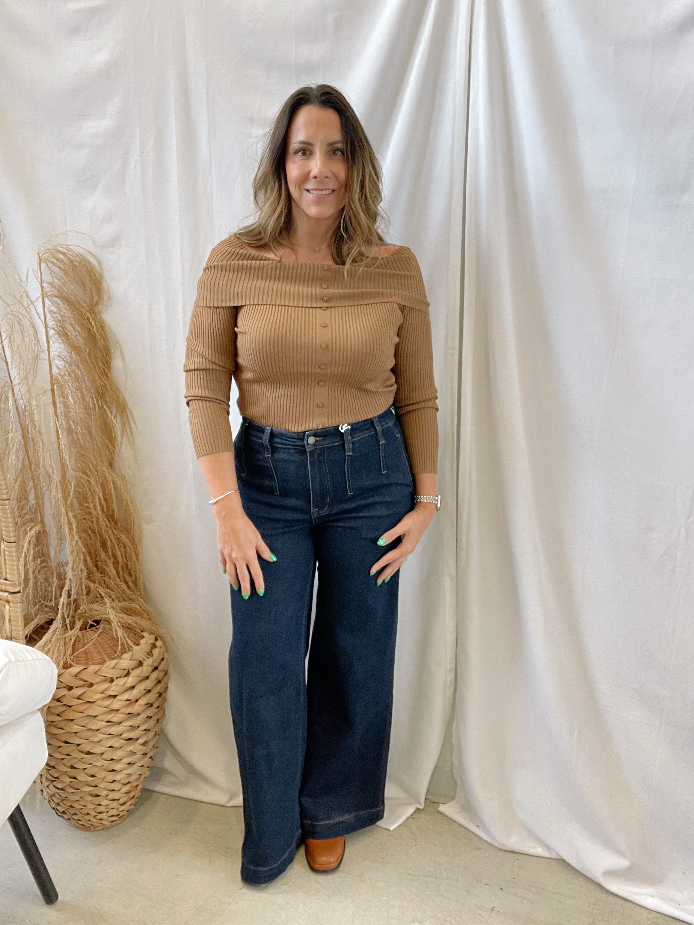 Pecan Off The Shoulder Top-Long Sleeve Tops-be cool-The Silo Boutique, Women's Fashion Boutique Located in Warren and Grand Forks North Dakota