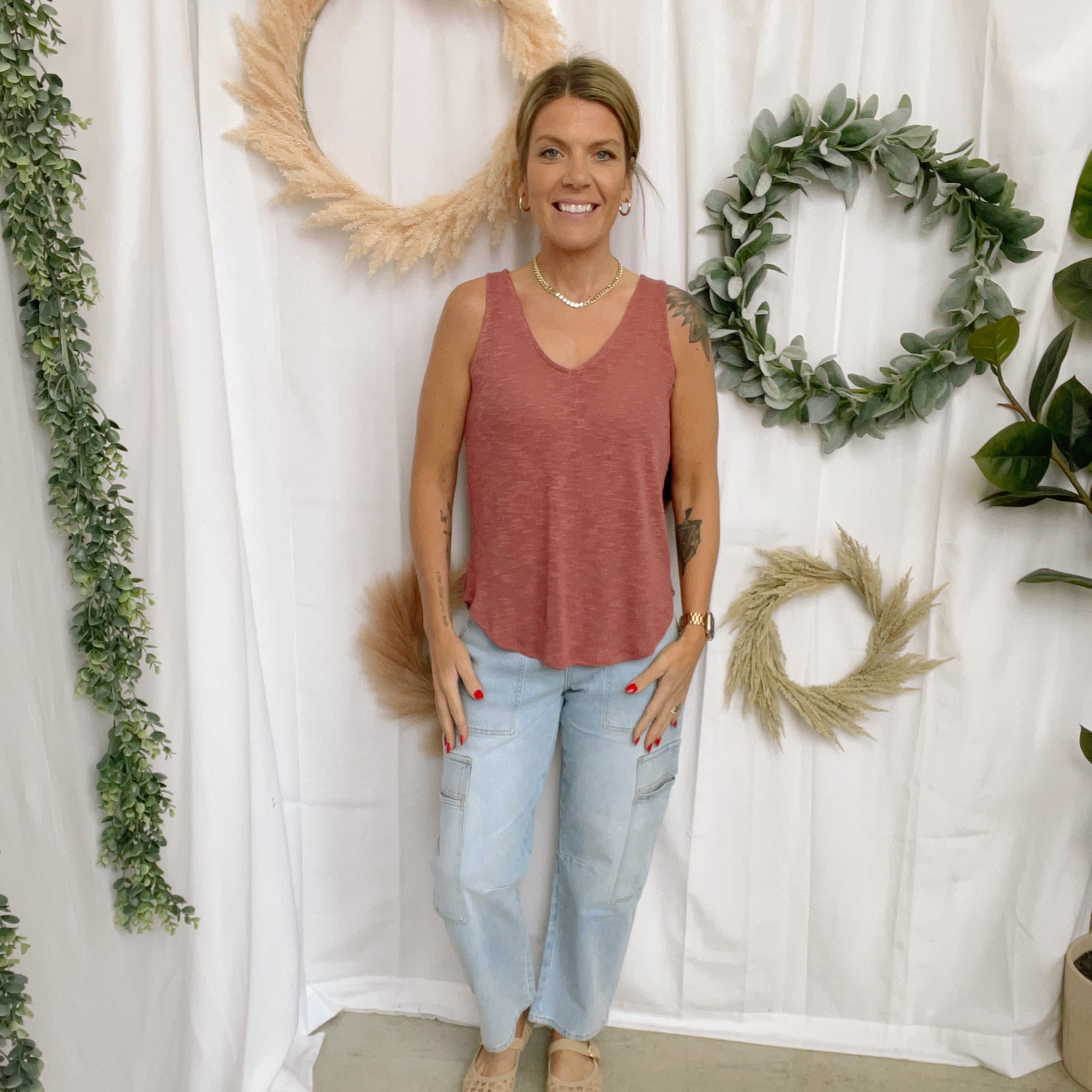 Mel V Neck Slub Tank Top-Rose-Tank Tops-Zenana-The Silo Boutique, Women's Fashion Boutique Located in Warren and Grand Forks North Dakota