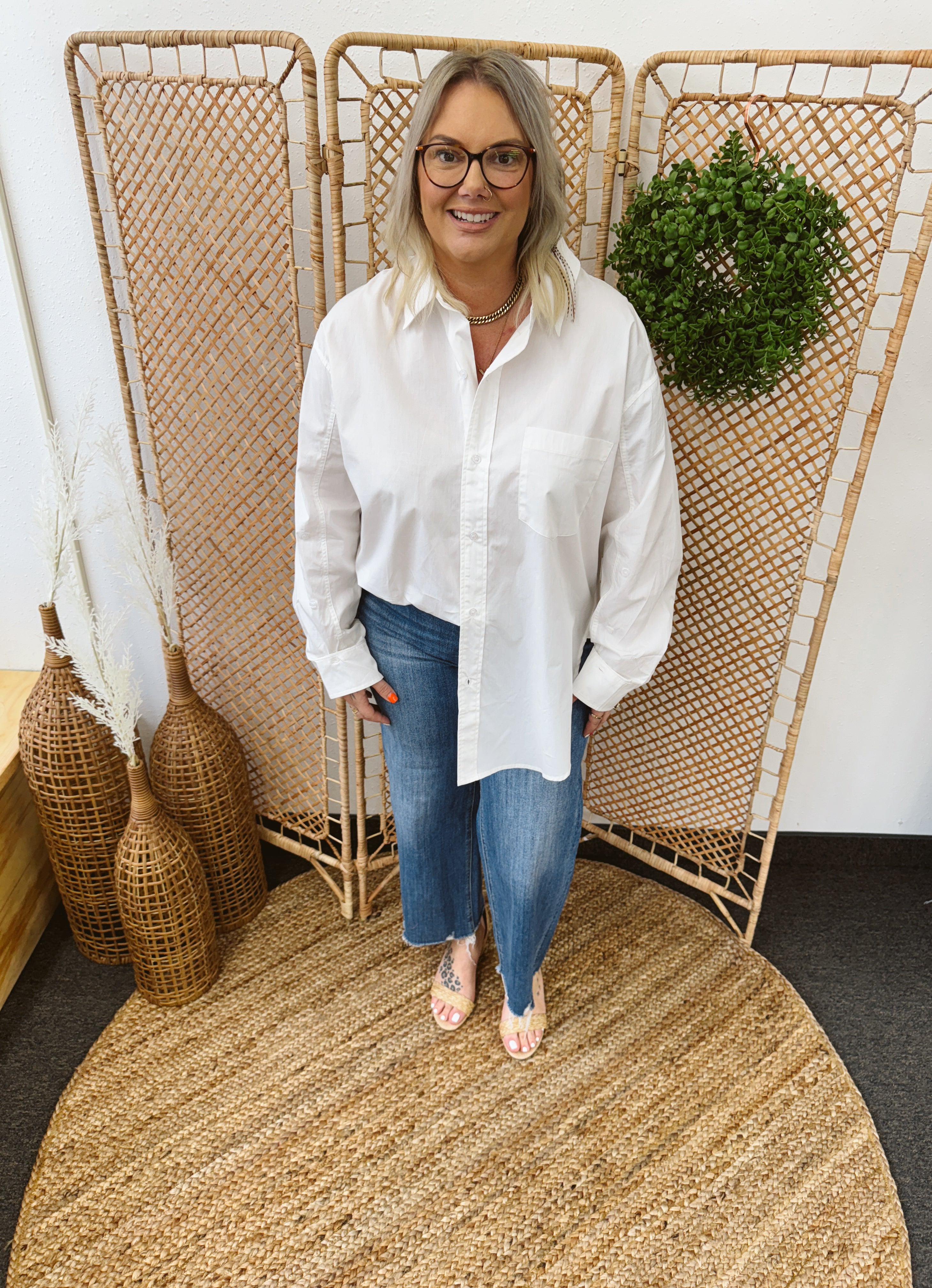 Loose Fit White Solid Button Down Shirt-Long Sleeve Tops-eesome-The Silo Boutique, Women's Fashion Boutique Located in Warren and Grand Forks North Dakota