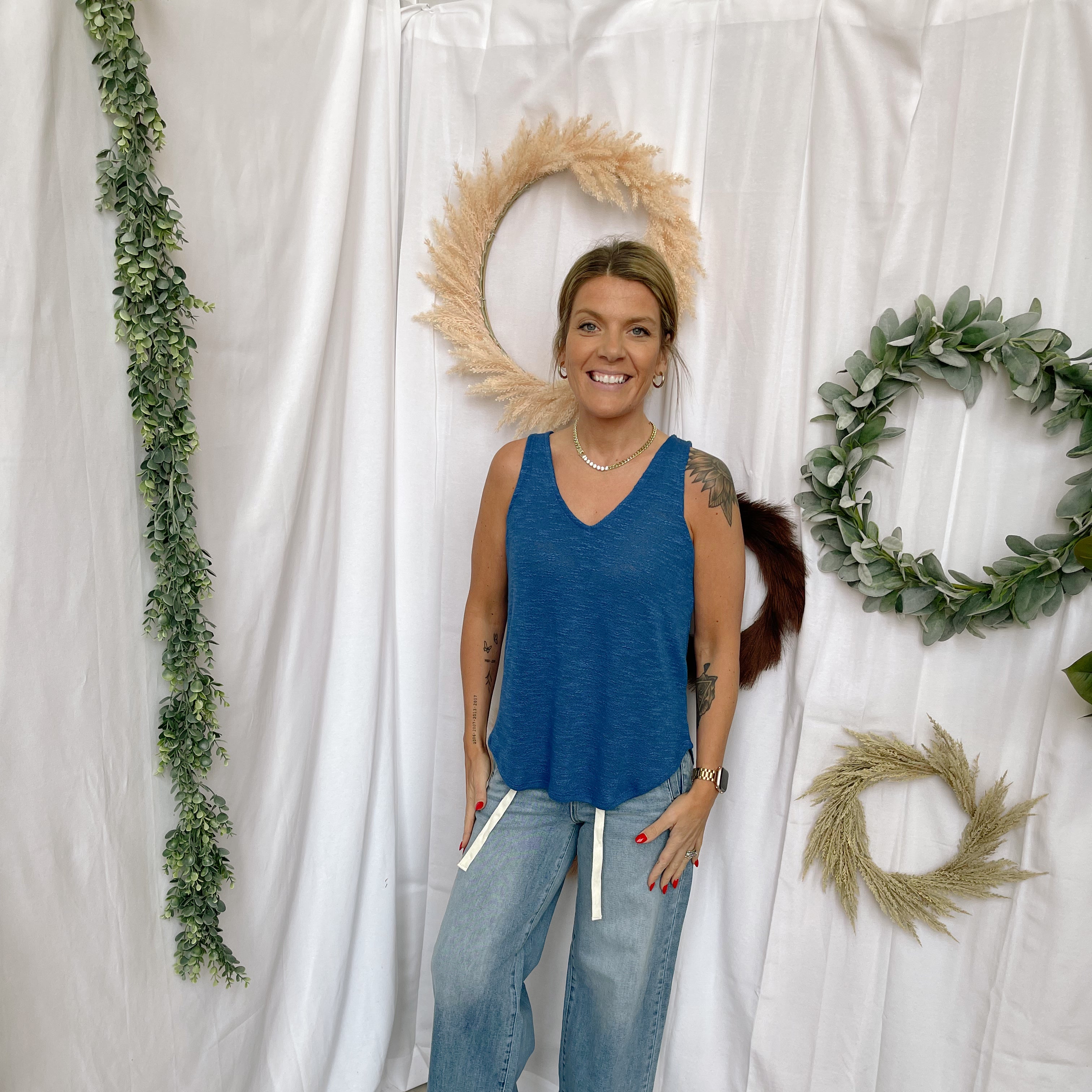 Mel V Neck Slub Tank Top-Blue-Tank Tops-Zenana-The Silo Boutique, Women's Fashion Boutique Located in Warren and Grand Forks North Dakota