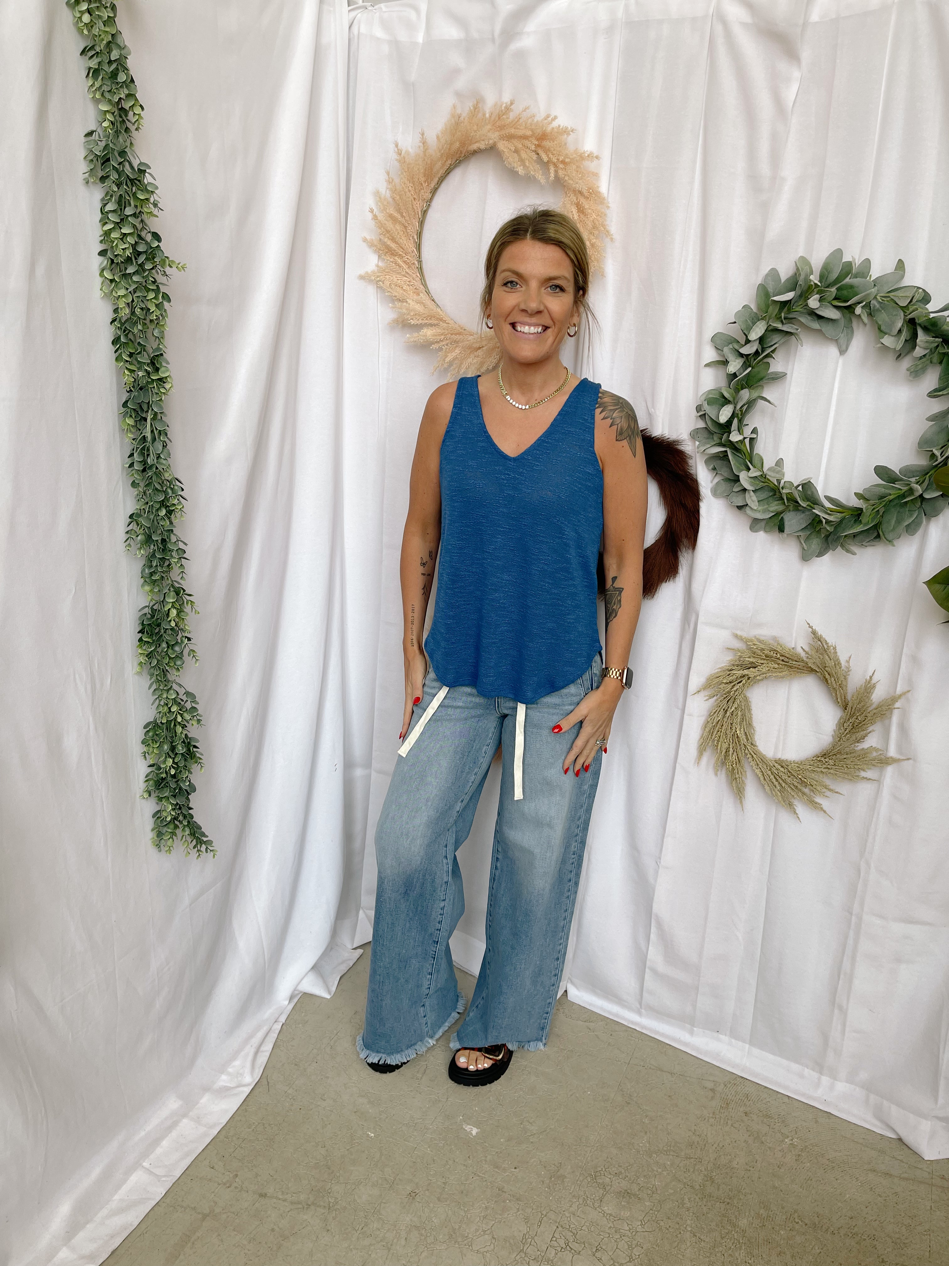 Mel V Neck Slub Tank Top-Blue-Tank Tops-Zenana-The Silo Boutique, Women's Fashion Boutique Located in Warren and Grand Forks North Dakota