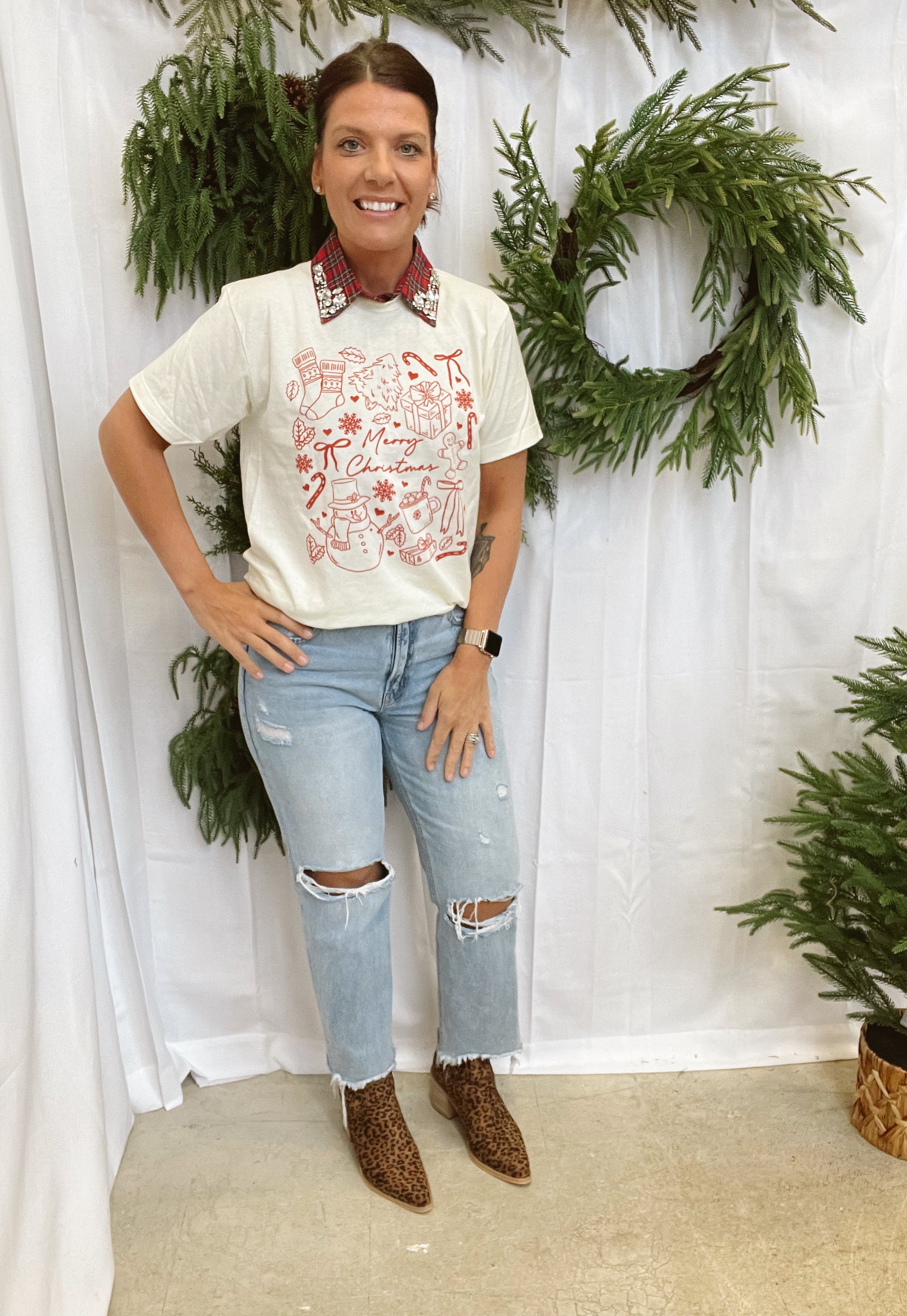 Corporate Collar-Red Christmas-Short Sleeve Tops-Summer Tees-The Silo Boutique, Women's Fashion Boutique Located in Warren and Grand Forks North Dakota