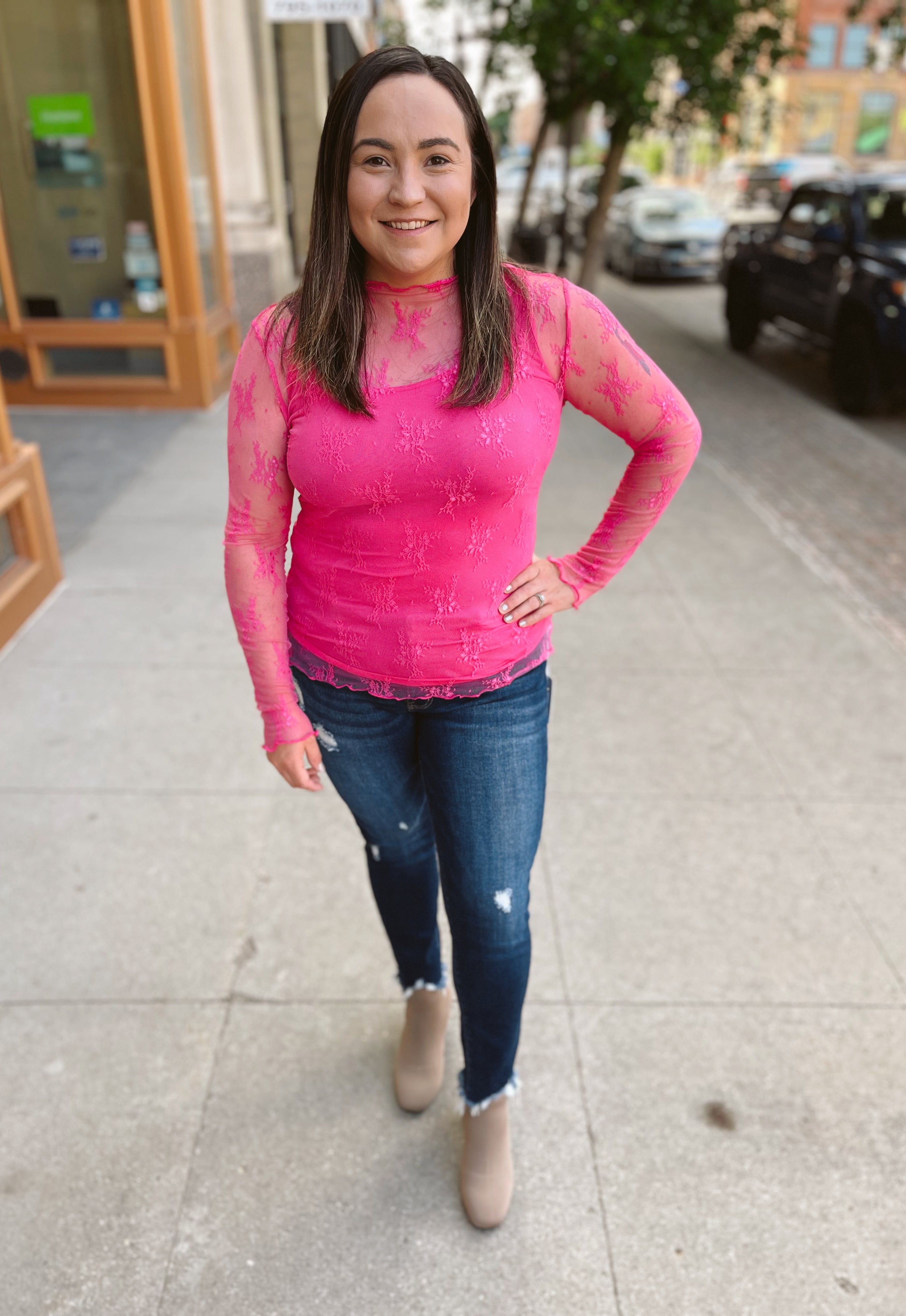 Hot Pink Lace Mesh Top-Long Sleeve Tops-sewn and see-The Silo Boutique, Women's Fashion Boutique Located in Warren and Grand Forks North Dakota