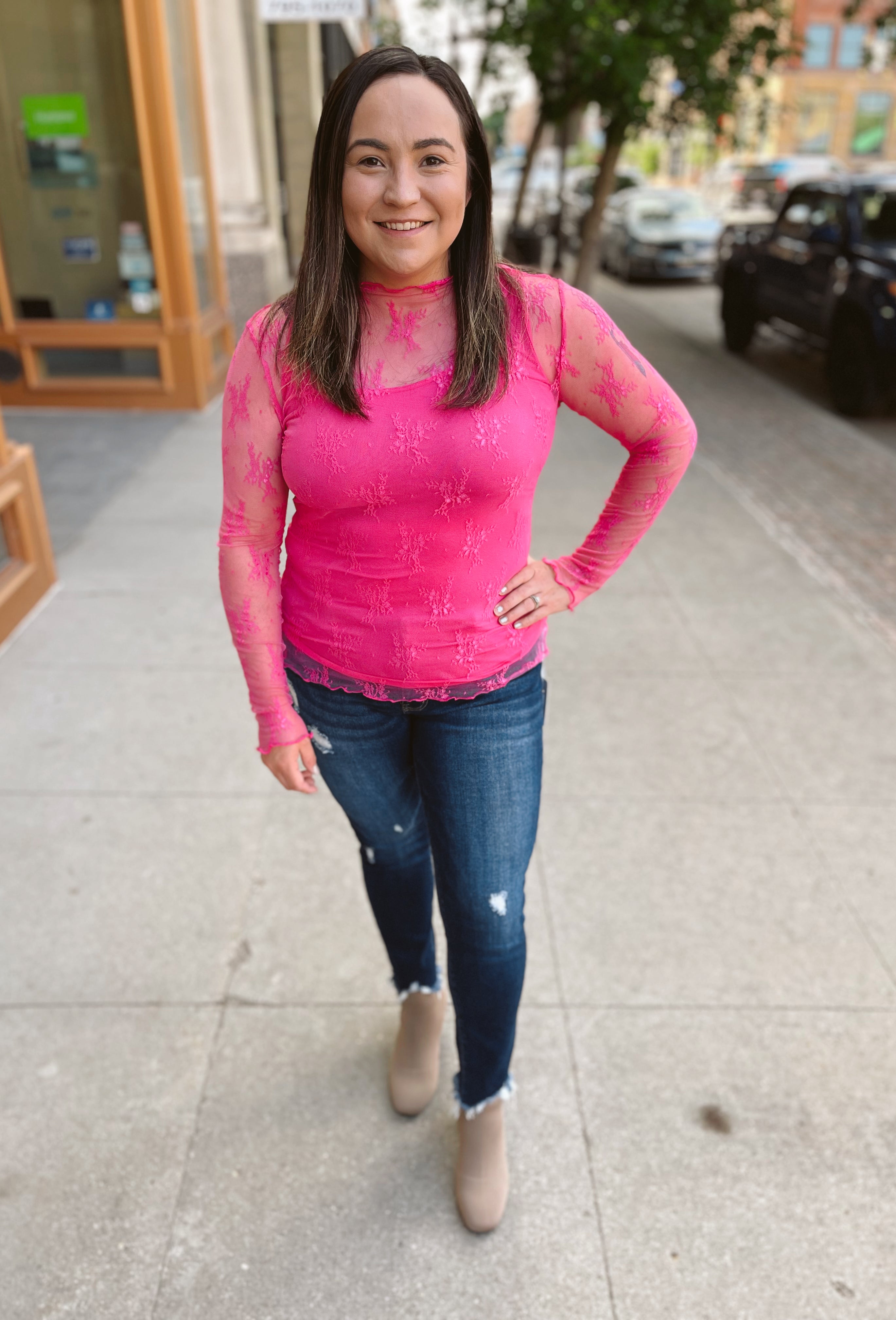 Hot Pink Lace Mesh Top-Long Sleeve Tops-sewn and see-The Silo Boutique, Women's Fashion Boutique Located in Warren and Grand Forks North Dakota