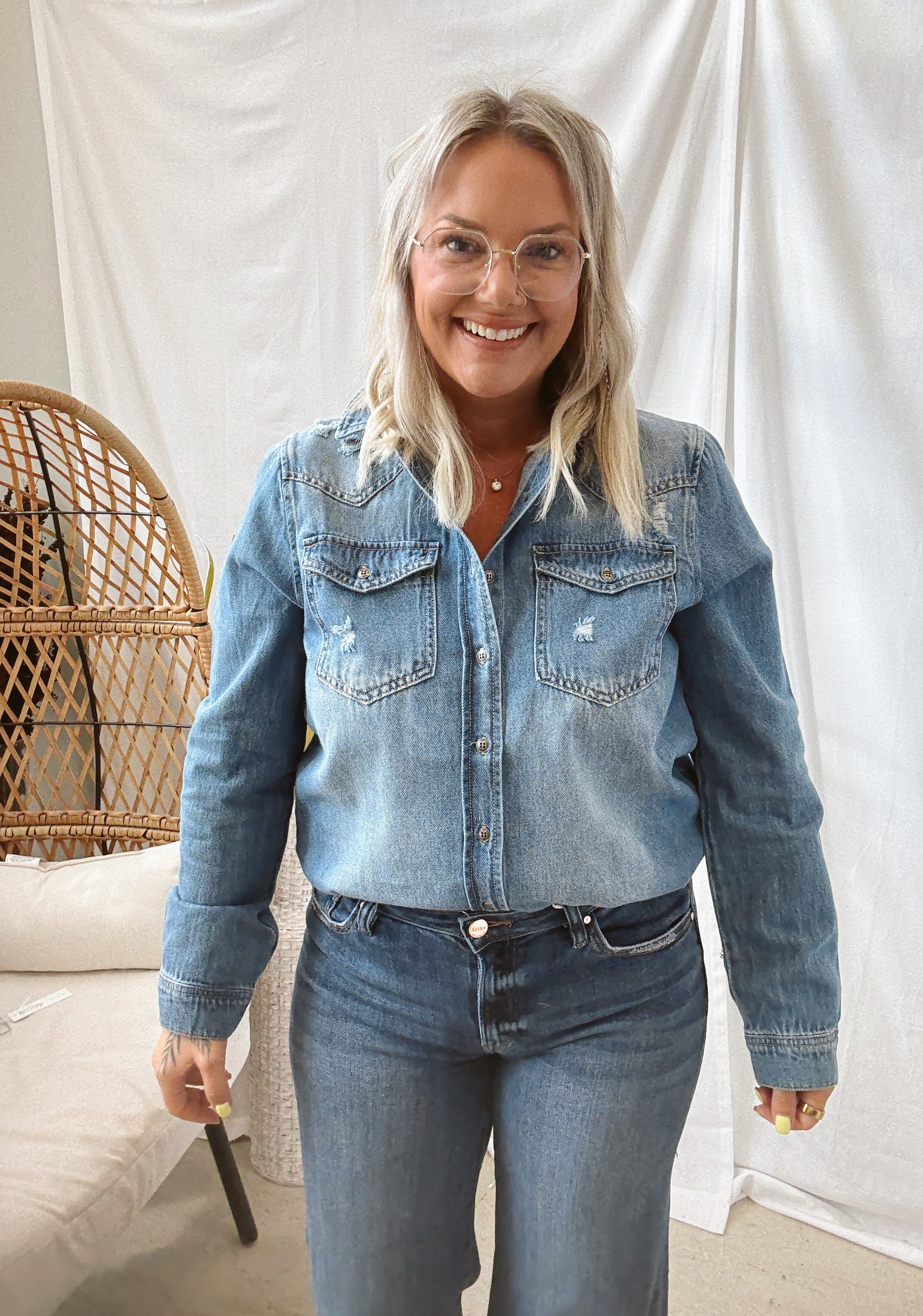 Risen Distressed Denim Shirt-Long Sleeve Tops-risen-The Silo Boutique, Women's Fashion Boutique Located in Warren and Grand Forks North Dakota