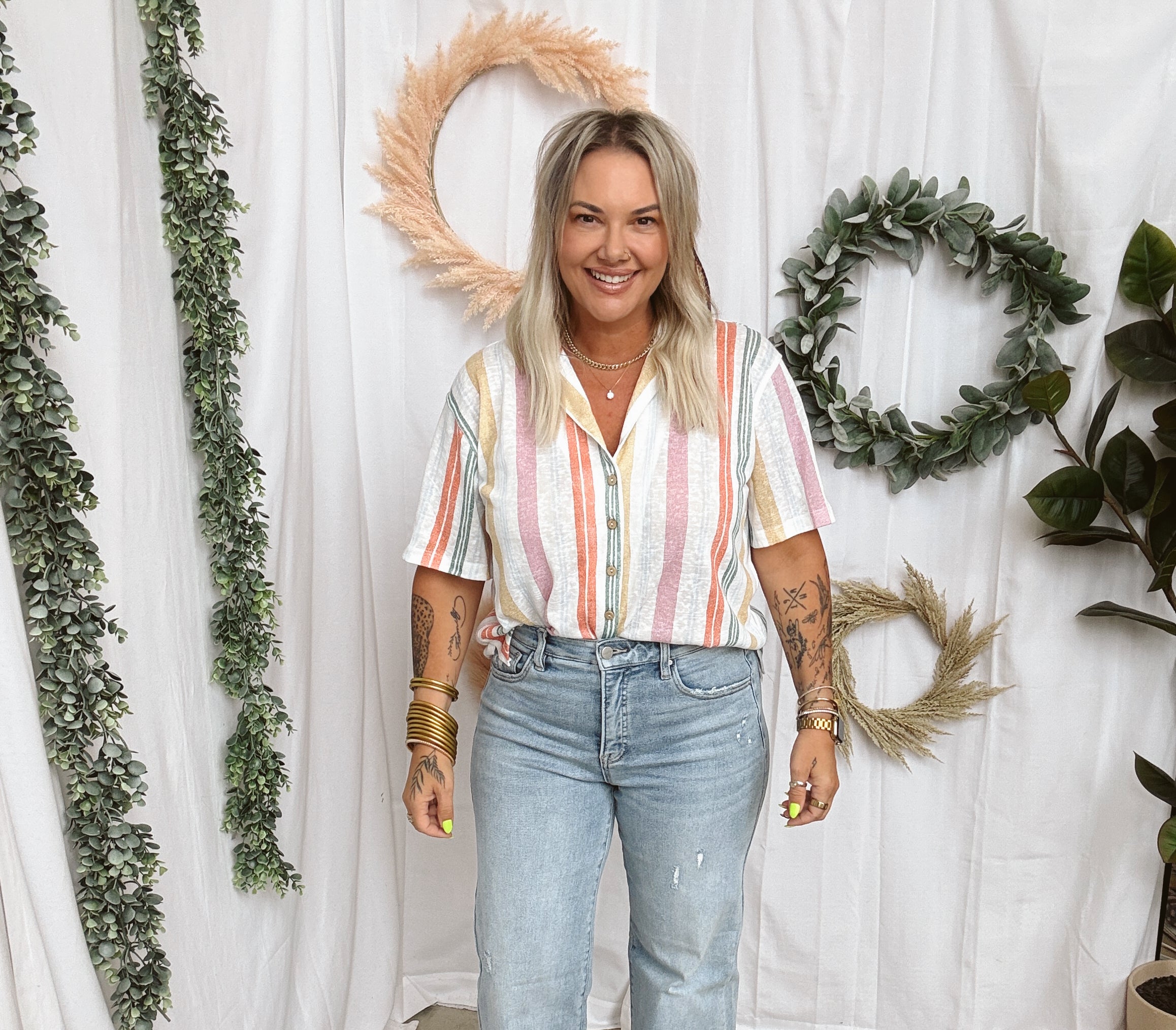Multi Color Button Up Top-Short Sleeve Tops-hem and thread-The Silo Boutique, Women's Fashion Boutique Located in Warren and Grand Forks North Dakota
