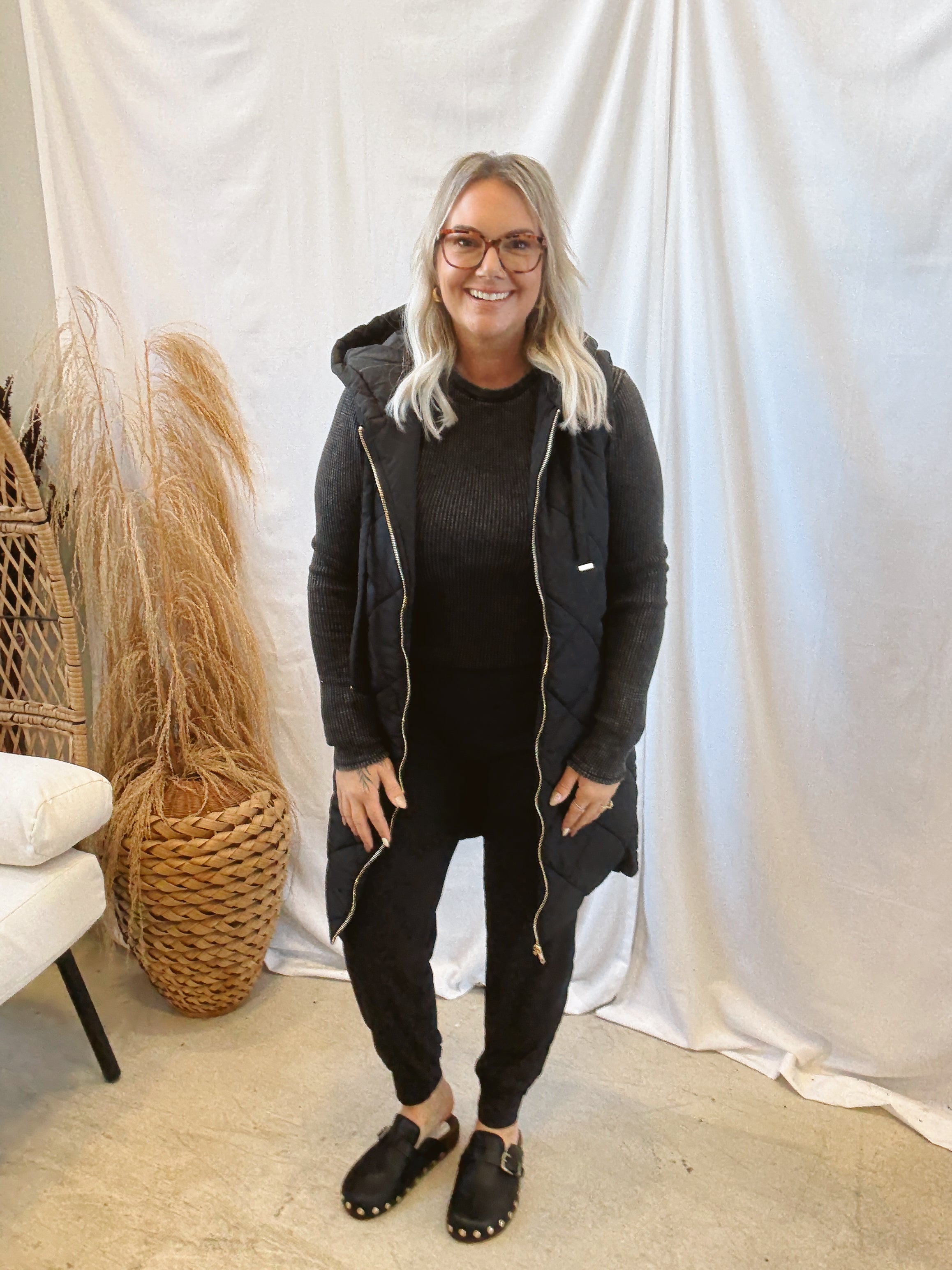 Mystree Hooded Long Vest-Black-Vests-mystree-The Silo Boutique, Women's Fashion Boutique Located in Warren and Grand Forks North Dakota