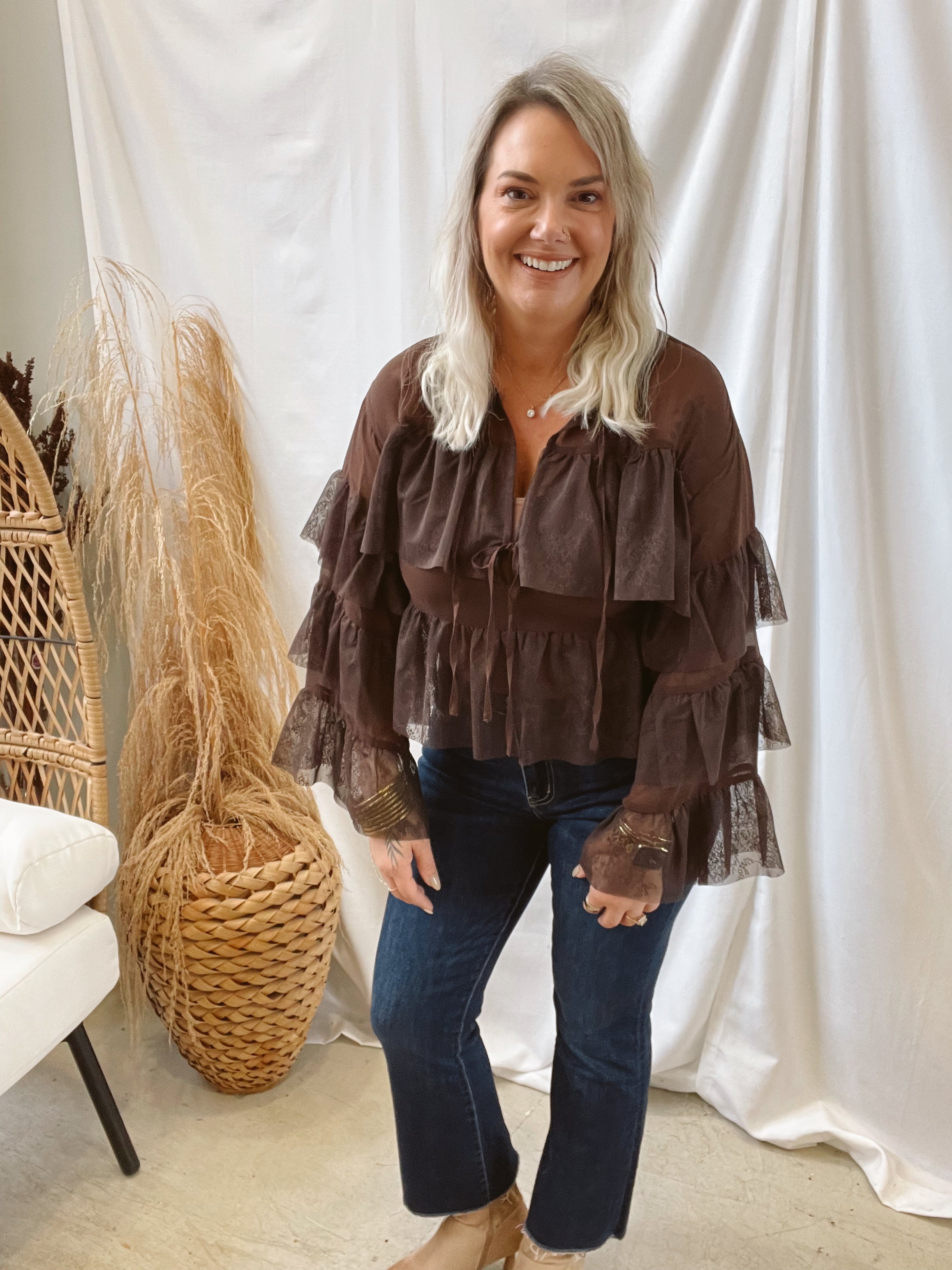 Brown Tie Front Lace Top-Long Sleeve Tops-acoa-The Silo Boutique, Women's Fashion Boutique Located in Warren and Grand Forks North Dakota