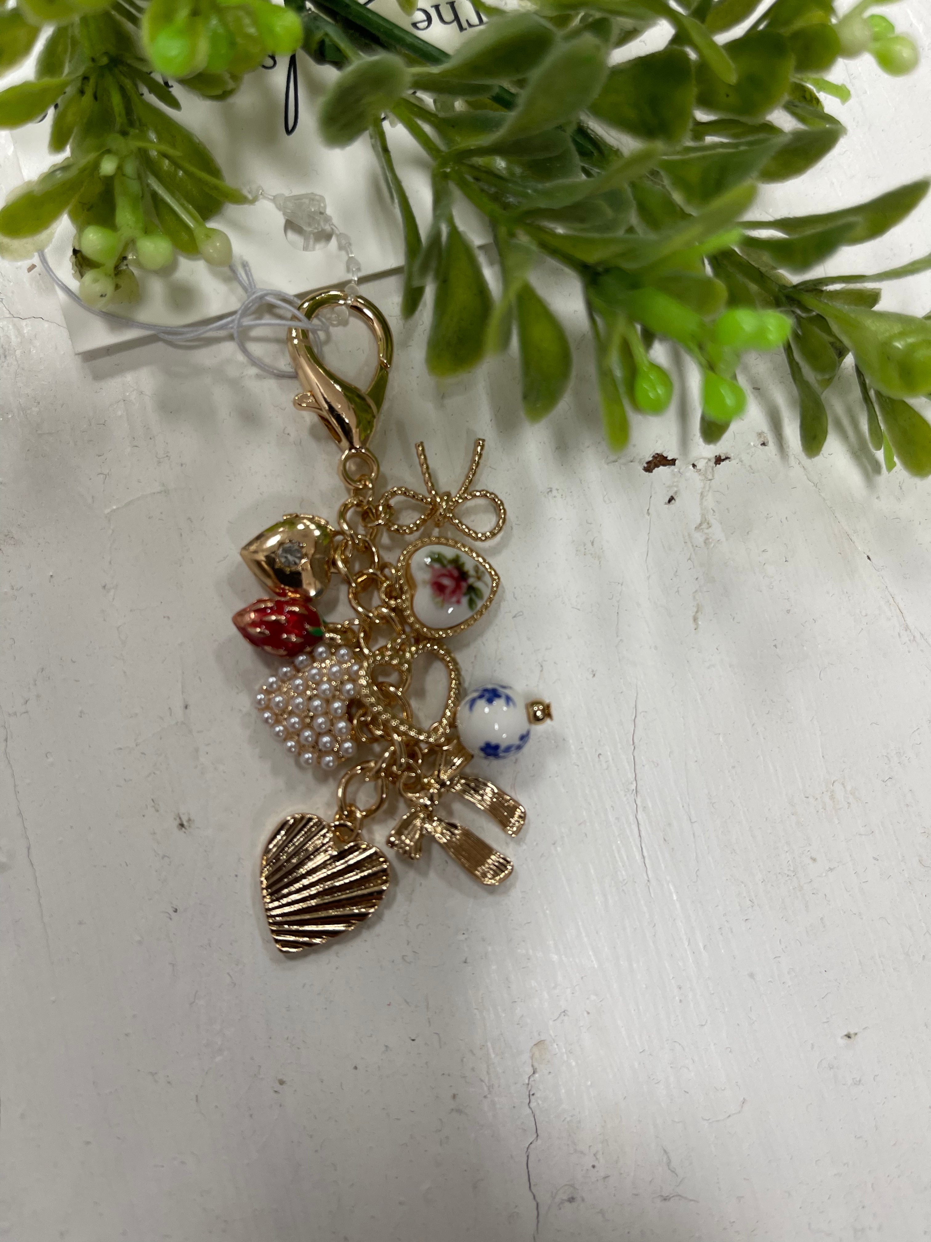 Porcelain Bows Hearts Pearl Strawberry Charm Chain-Keychains-joss-The Silo Boutique, Women's Fashion Boutique Located in Warren and Grand Forks North Dakota