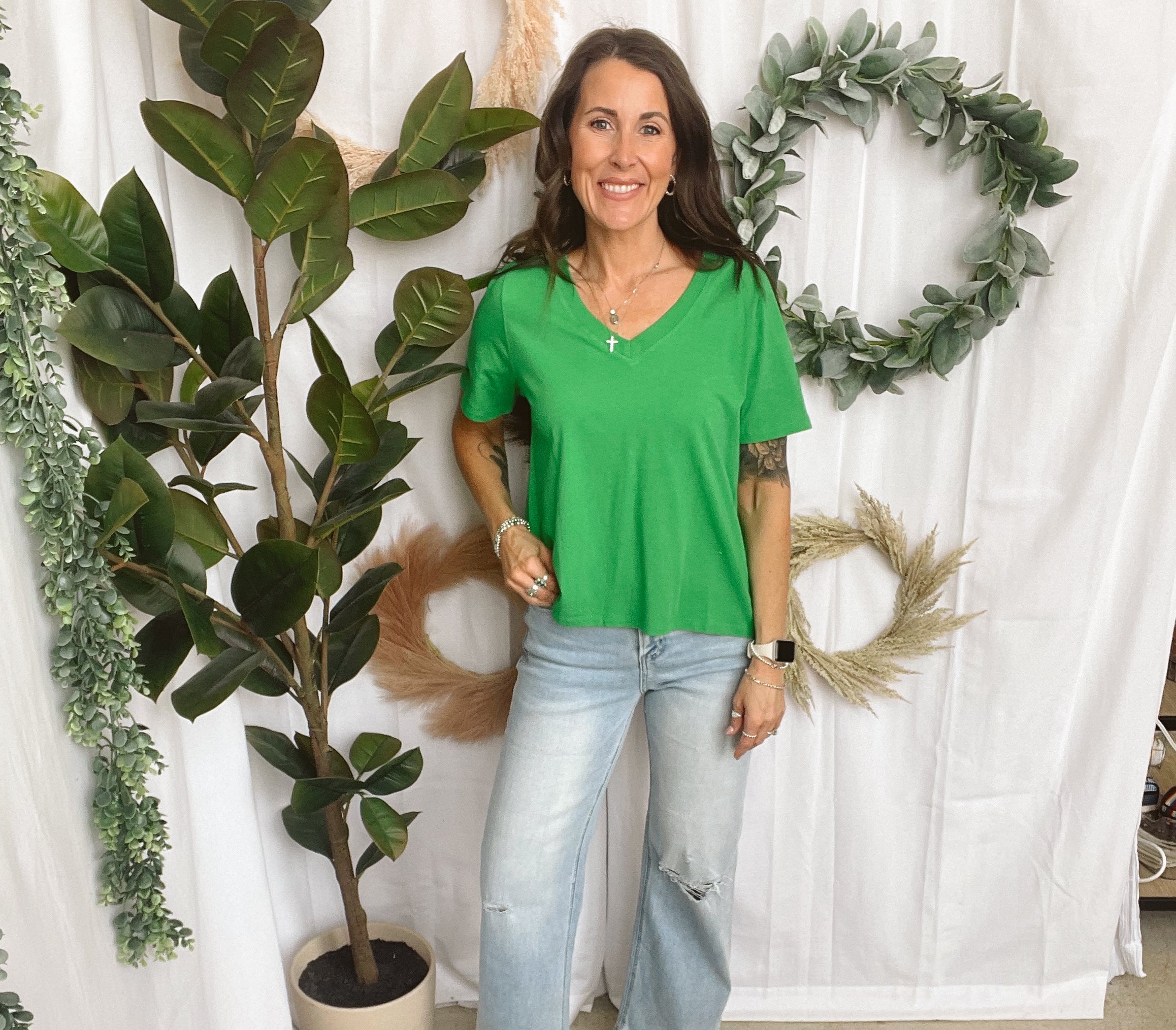 Mono Pima V Neck Tee-Green Pop-Short Sleeve Tops-mono b-The Silo Boutique, Women's Fashion Boutique Located in Warren and Grand Forks North Dakota