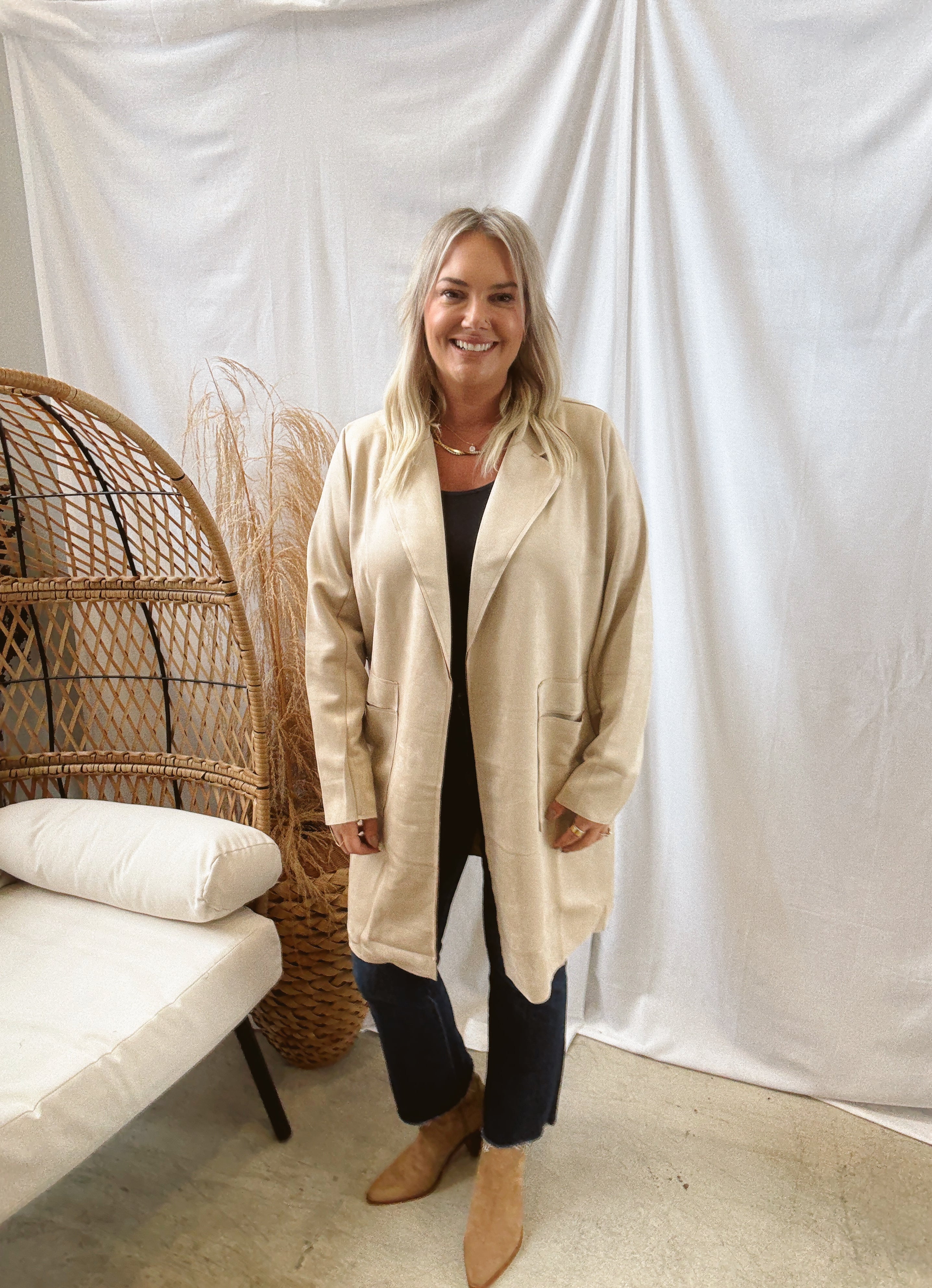 Taupe Collar Suede Open Front Jacket-Coats & Jackets-active basics-The Silo Boutique, Women's Fashion Boutique Located in Warren and Grand Forks North Dakota
