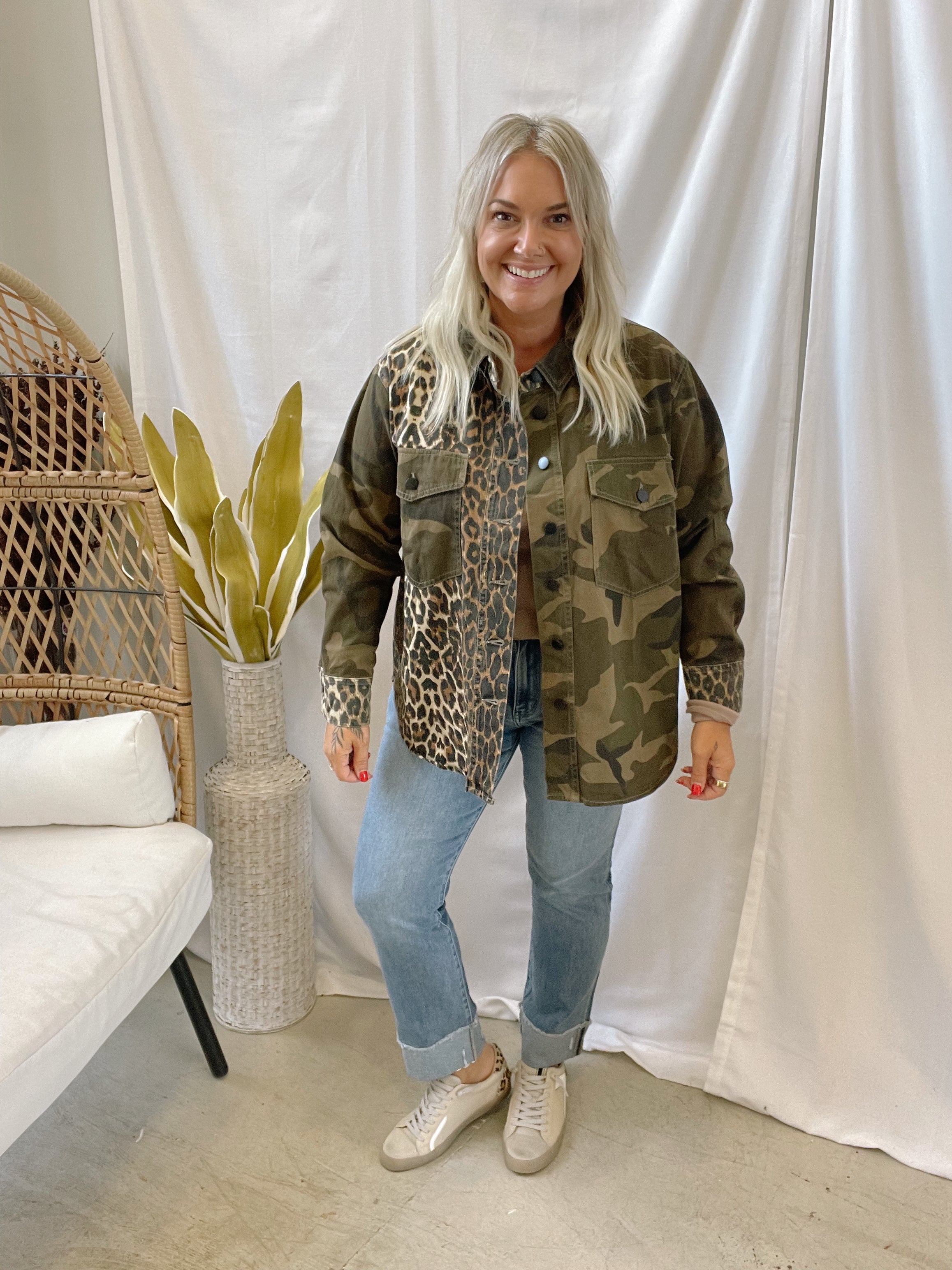 Queen B Leopard Camo Mix Jacket-Coats & Jackets-blue B-The Silo Boutique, Women's Fashion Boutique Located in Warren and Grand Forks North Dakota