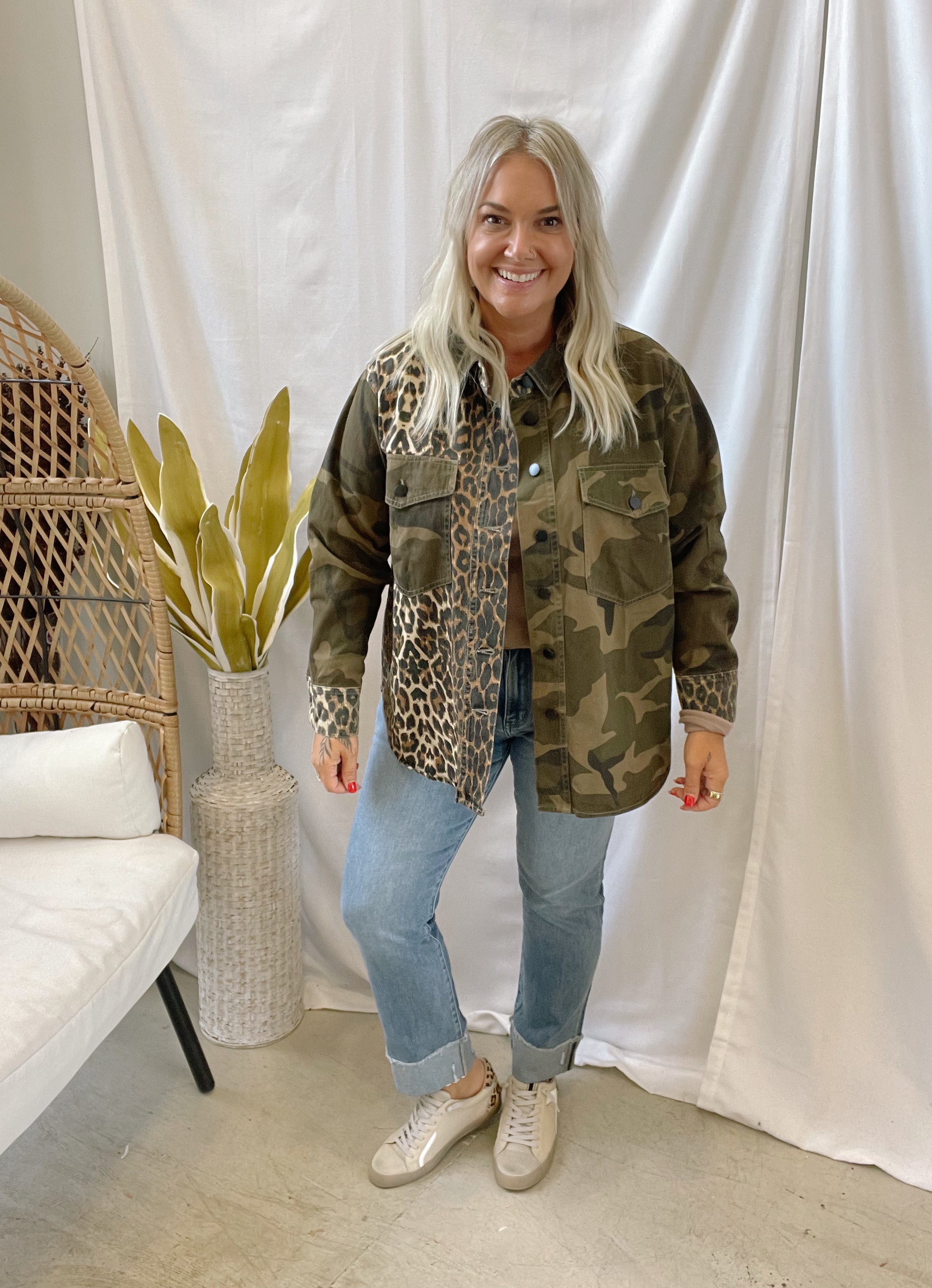 Queen B Leopard Camo Mix Jacket-Coats & Jackets-blue B-The Silo Boutique, Women's Fashion Boutique Located in Warren and Grand Forks North Dakota