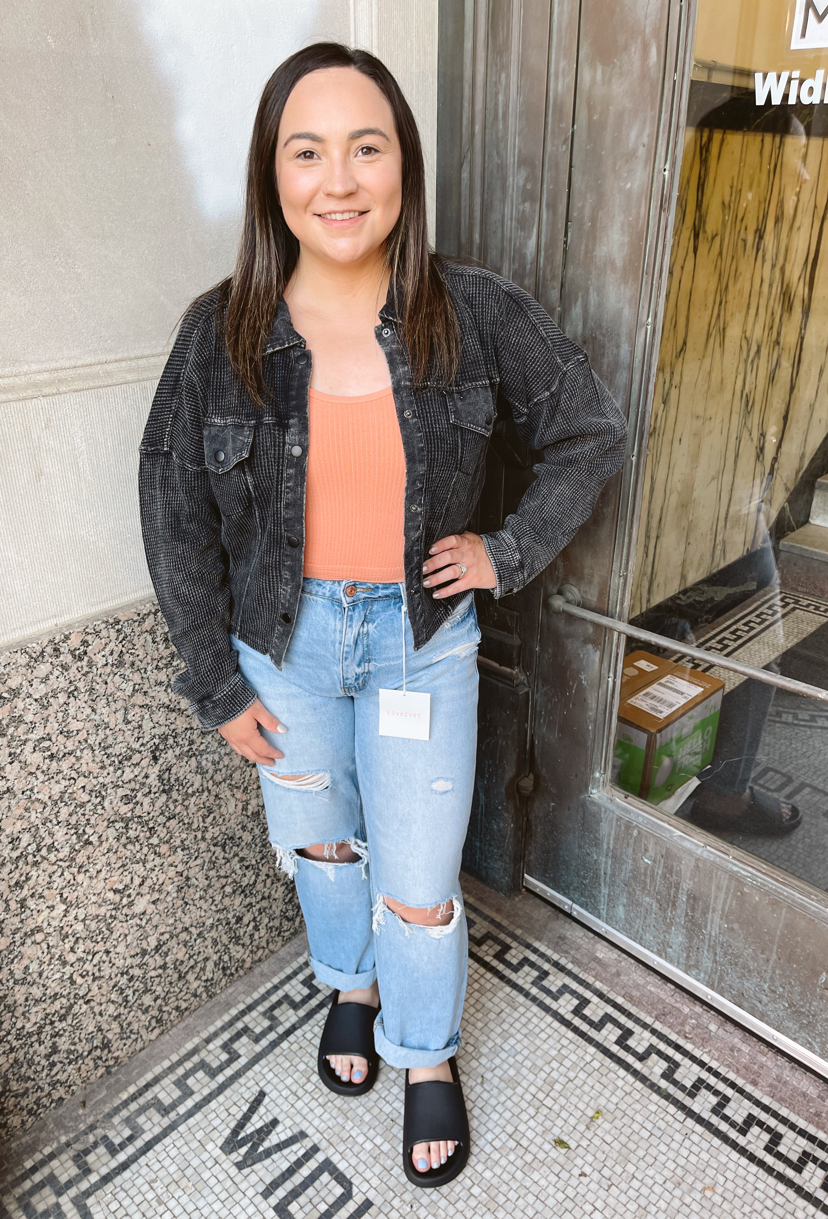 Mono B Black Crop Mineral Wash Button Up Top-Long Sleeve Tops-mono b-The Silo Boutique, Women's Fashion Boutique Located in Warren and Grand Forks North Dakota