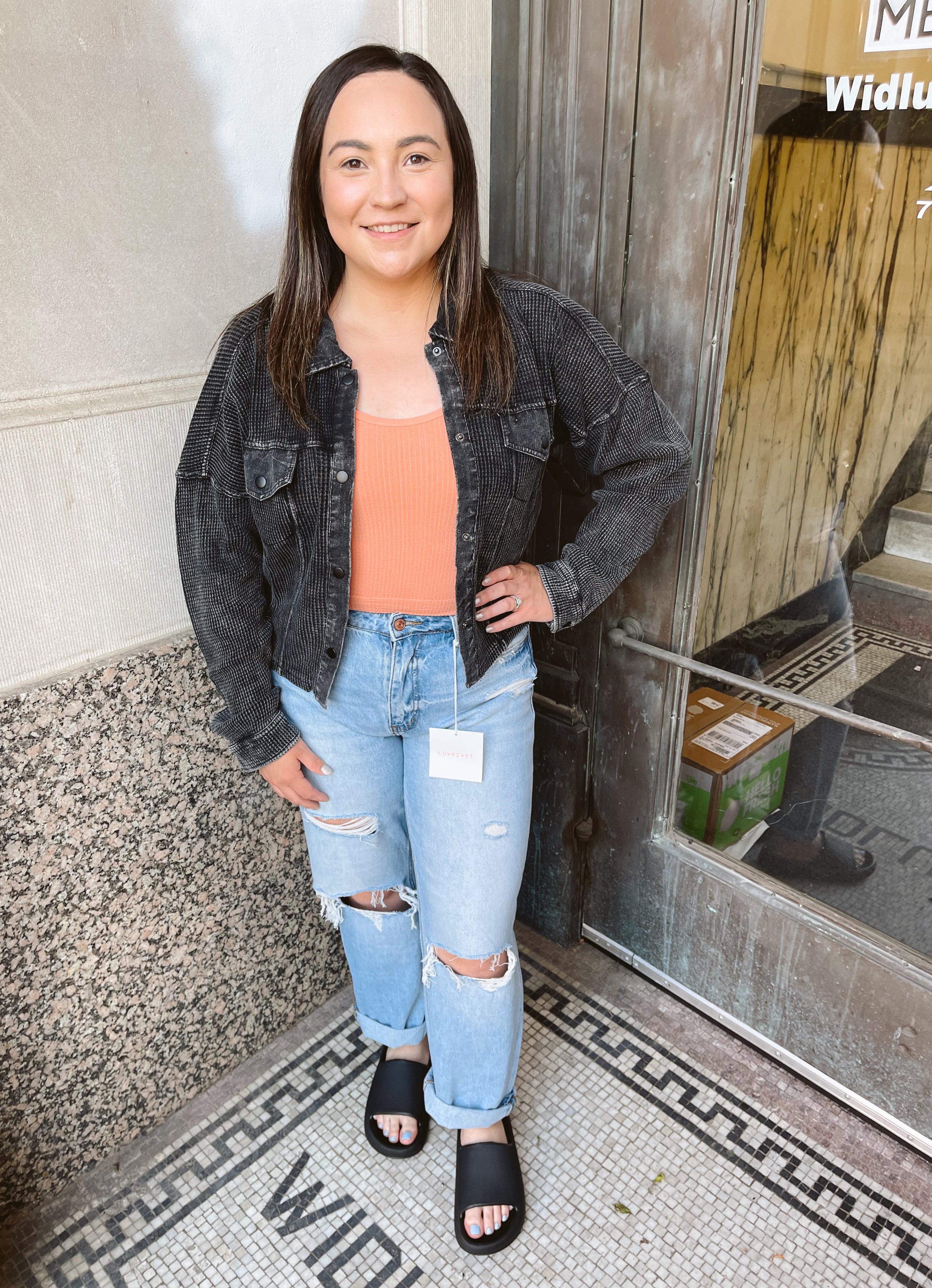 Mono B Black Crop Mineral Wash Button Up Top-Long Sleeve Tops-mono b-The Silo Boutique, Women's Fashion Boutique Located in Warren and Grand Forks North Dakota