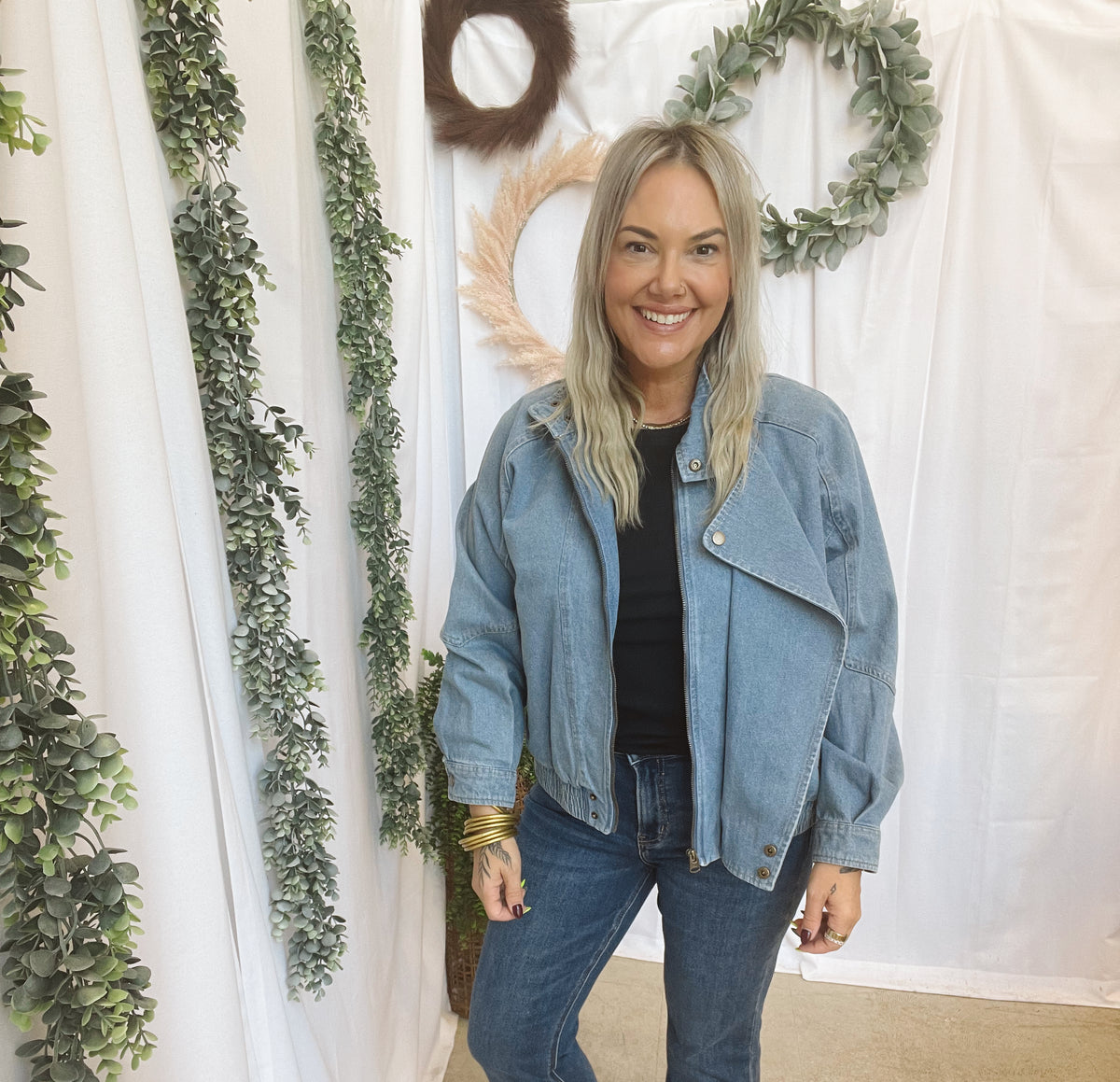 Be Cool Denim Bomber Jacket-Coats & Jackets-be cool-The Silo Boutique, Women's Fashion Boutique Located in Warren and Grand Forks North Dakota