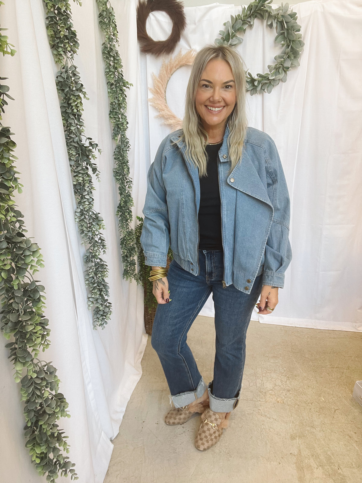 Be Cool Denim Bomber Jacket-Coats & Jackets-be cool-The Silo Boutique, Women's Fashion Boutique Located in Warren and Grand Forks North Dakota