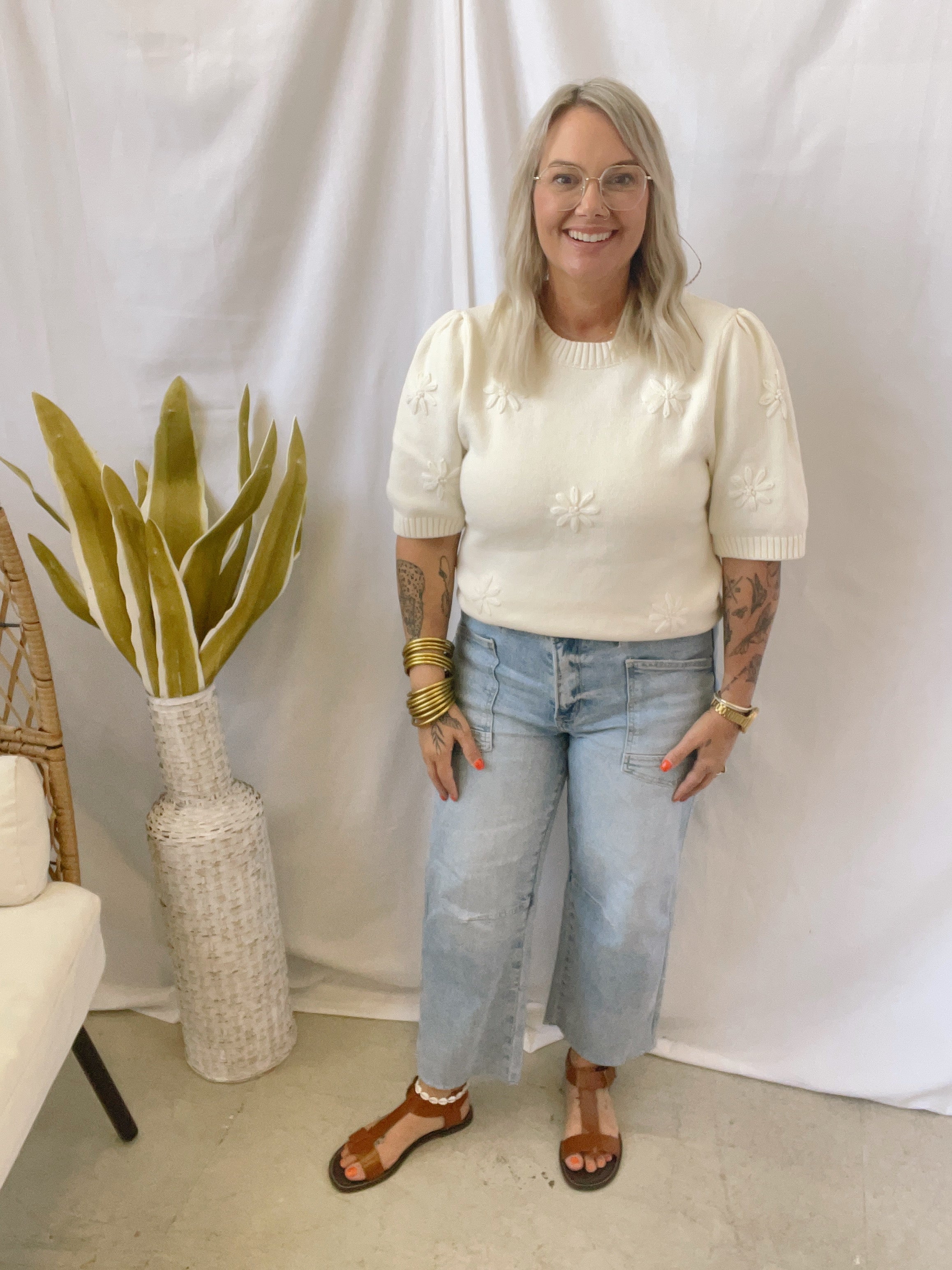 Knitted Flower Motif Sweater-Cream-Short Sleeve Tops-oddi-The Silo Boutique, Women's Fashion Boutique Located in Warren and Grand Forks North Dakota