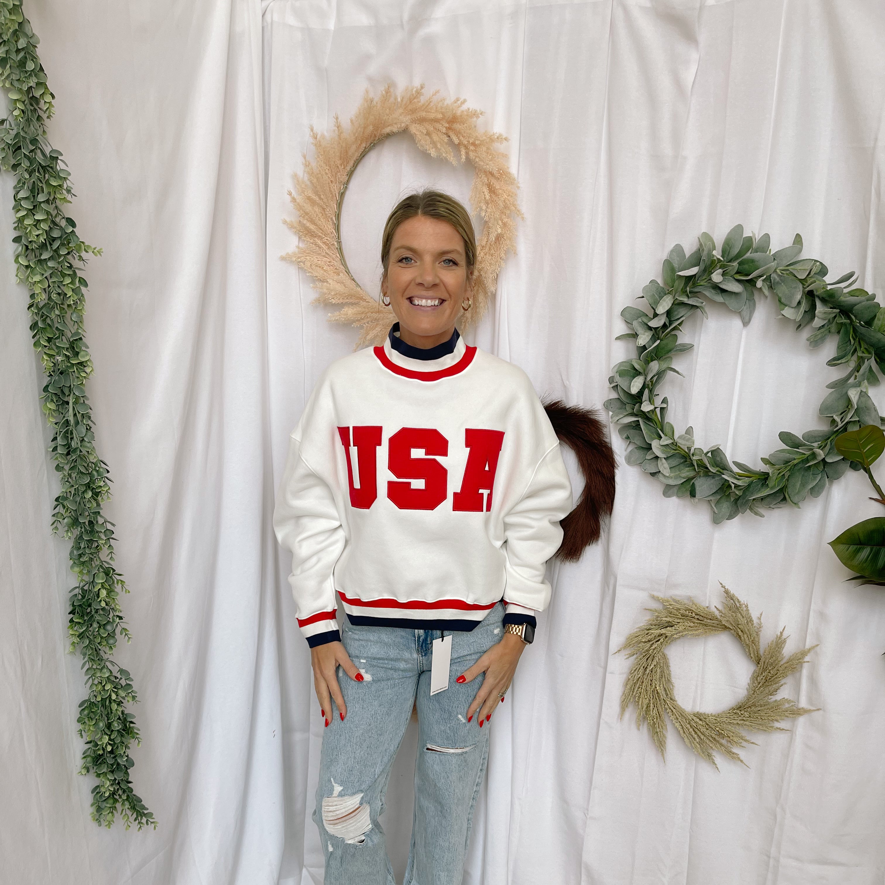 White USA Mock Neck Sweatshirt-Sweatshirts-tcec-The Silo Boutique, Women's Fashion Boutique Located in Warren and Grand Forks North Dakota