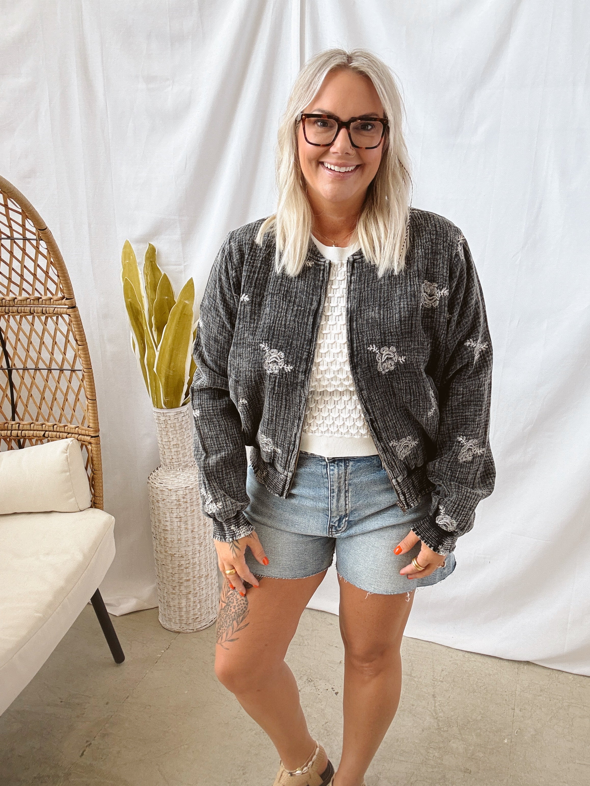 Washed Black Embroidery Bomber Jacket-Coats & Jackets-mystree-The Silo Boutique, Women's Fashion Boutique Located in Warren and Grand Forks North Dakota