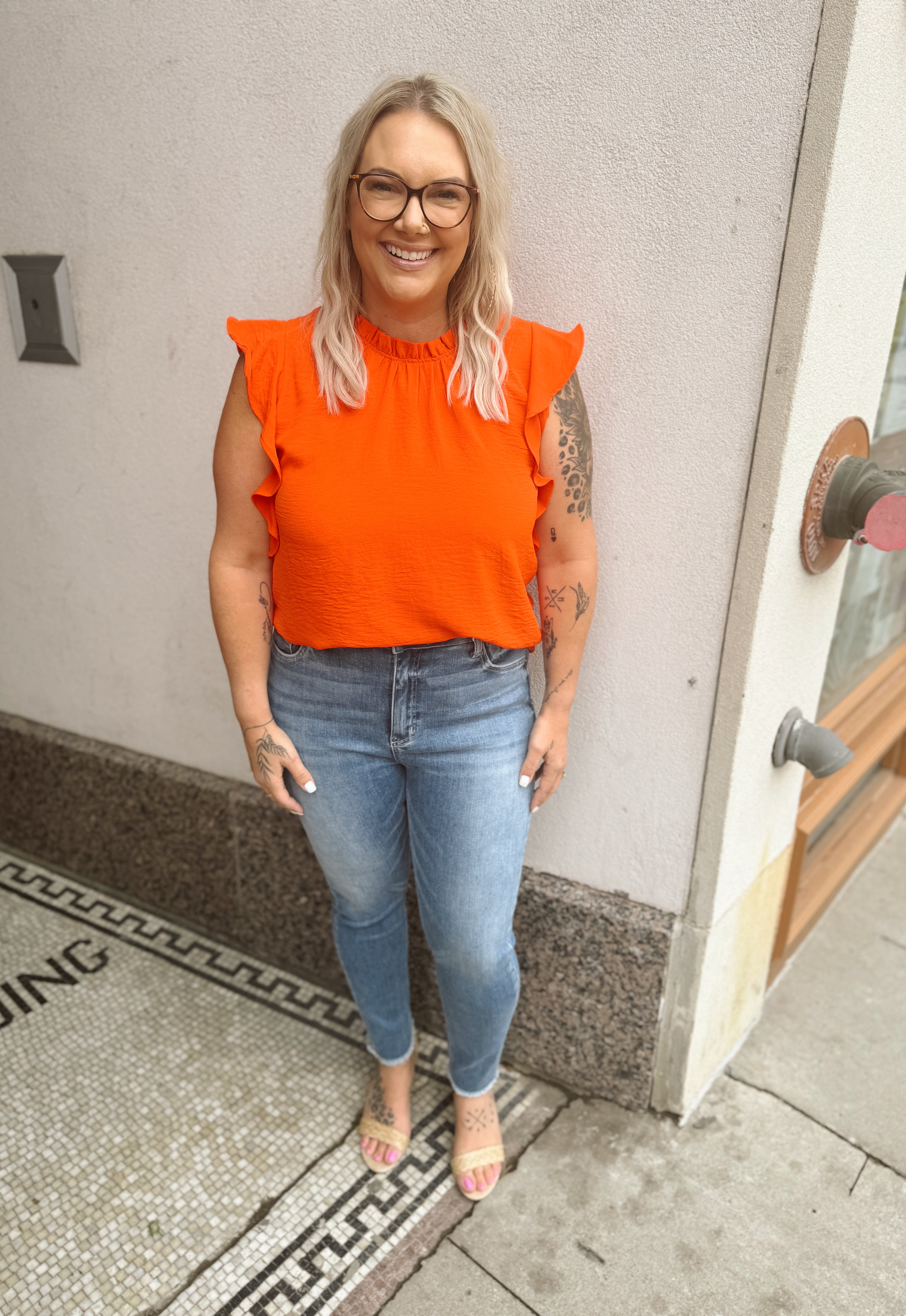 Leslie Ruffled Short Sleeve Top-Sunset-Short Sleeve Tops-les amis-The Silo Boutique, Women's Fashion Boutique Located in Warren and Grand Forks North Dakota