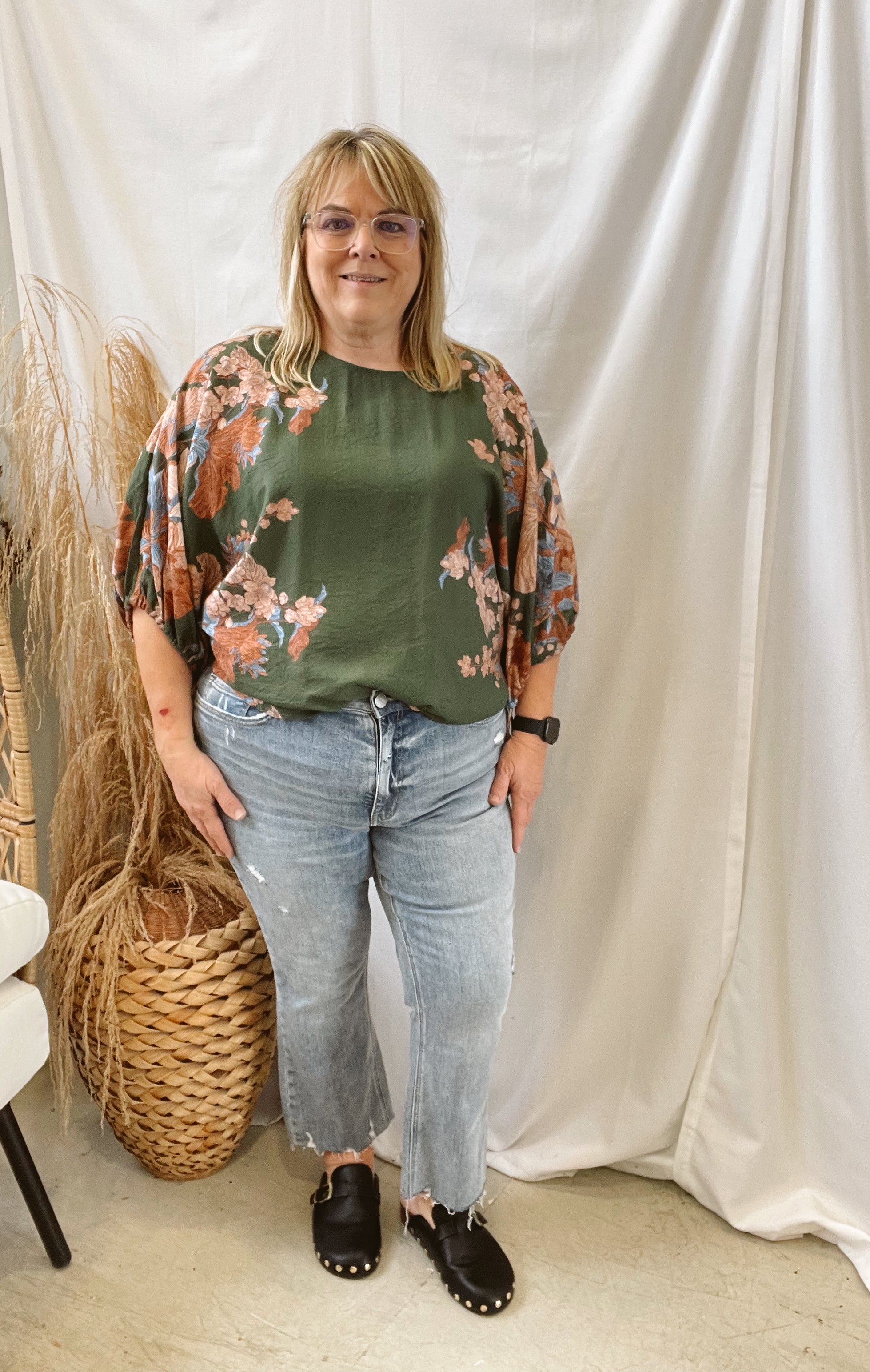 Floral Gathered Sleeve Top-Olive-Short Sleeve Tops-ENTRO-The Silo Boutique, Women's Fashion Boutique Located in Warren and Grand Forks North Dakota