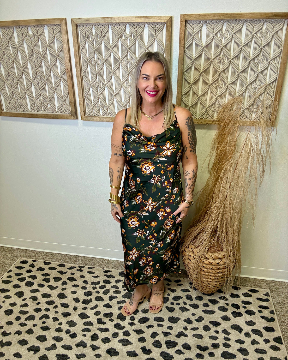 Floral Printed Cowl Neck Dress-Green-Dresses-skies are blue-The Silo Boutique, Women's Fashion Boutique Located in Warren and Grand Forks North Dakota