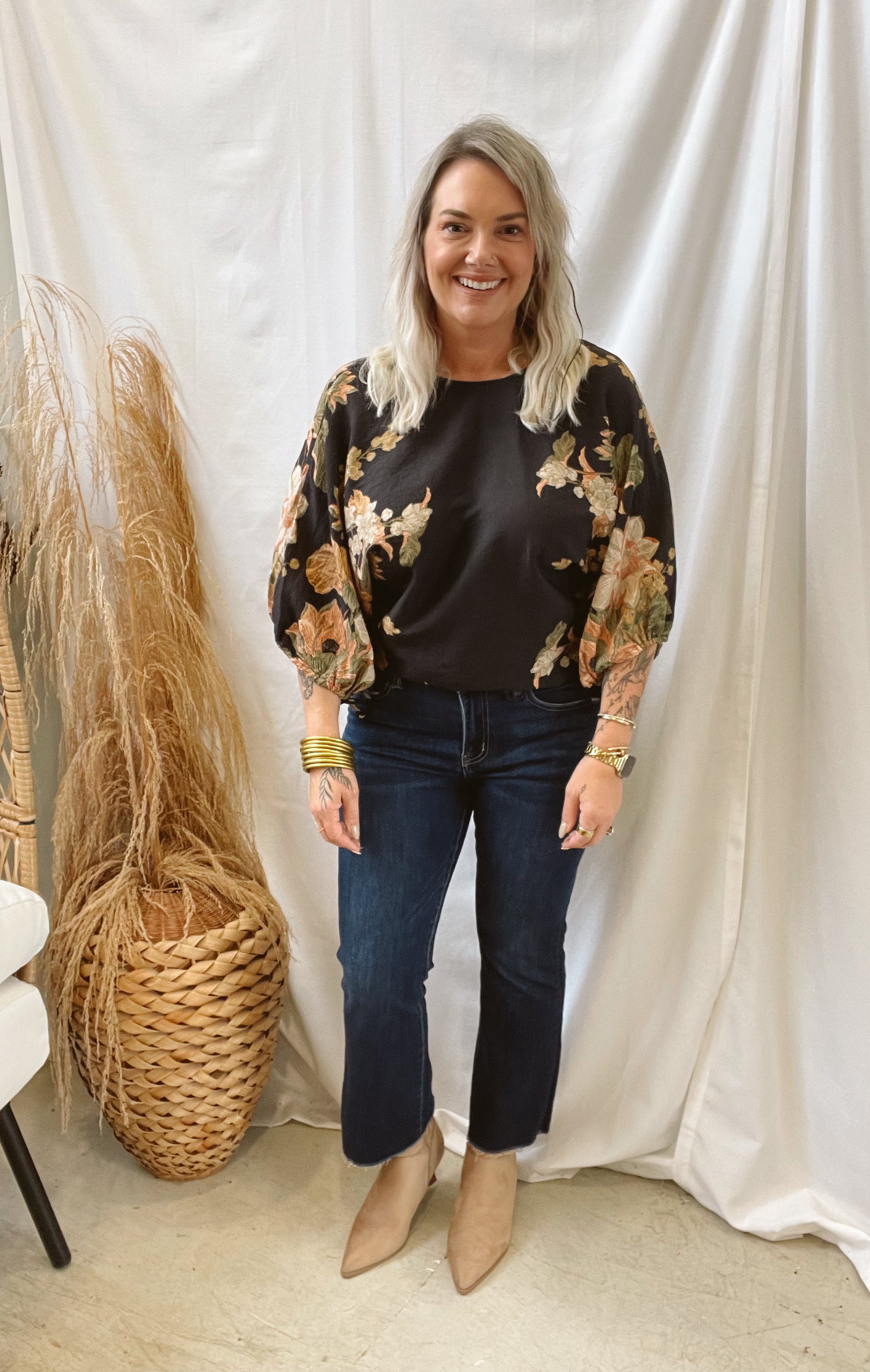 Floral Gathered Sleeve Top-Black-Short Sleeve Tops-ENTRO-The Silo Boutique, Women's Fashion Boutique Located in Warren and Grand Forks North Dakota