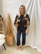 Floral Gathered Sleeve Top-Black-Short Sleeve Tops-ENTRO-The Silo Boutique, Women's Fashion Boutique Located in Warren and Grand Forks North Dakota