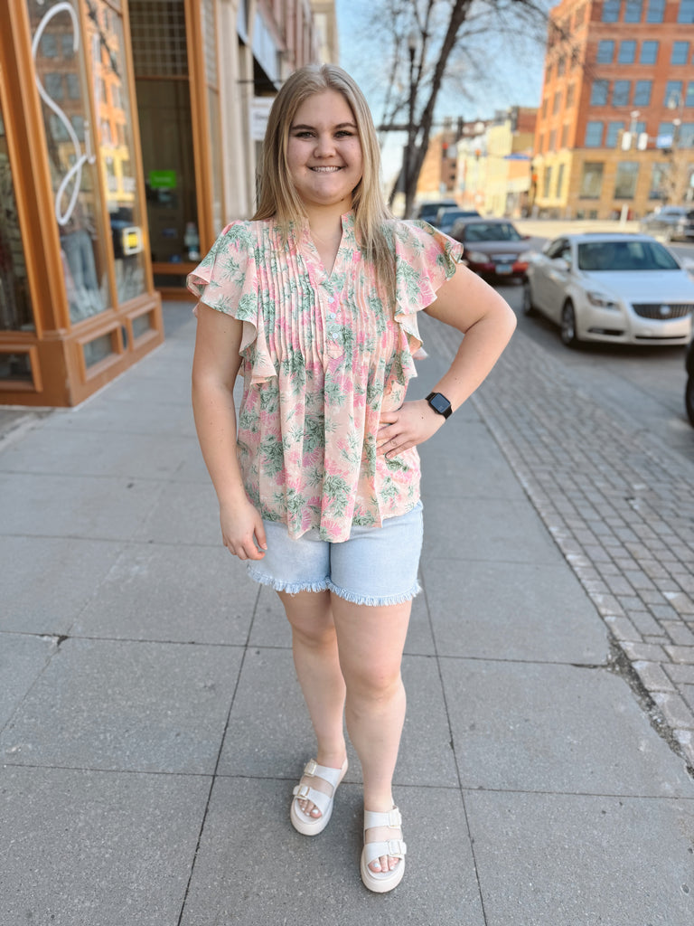 Floral Button Down Short Sleeve Blouse-Short Sleeve Tops-ENTRO-The Silo Boutique, Women's Fashion Boutique Located in Warren and Grand Forks North Dakota