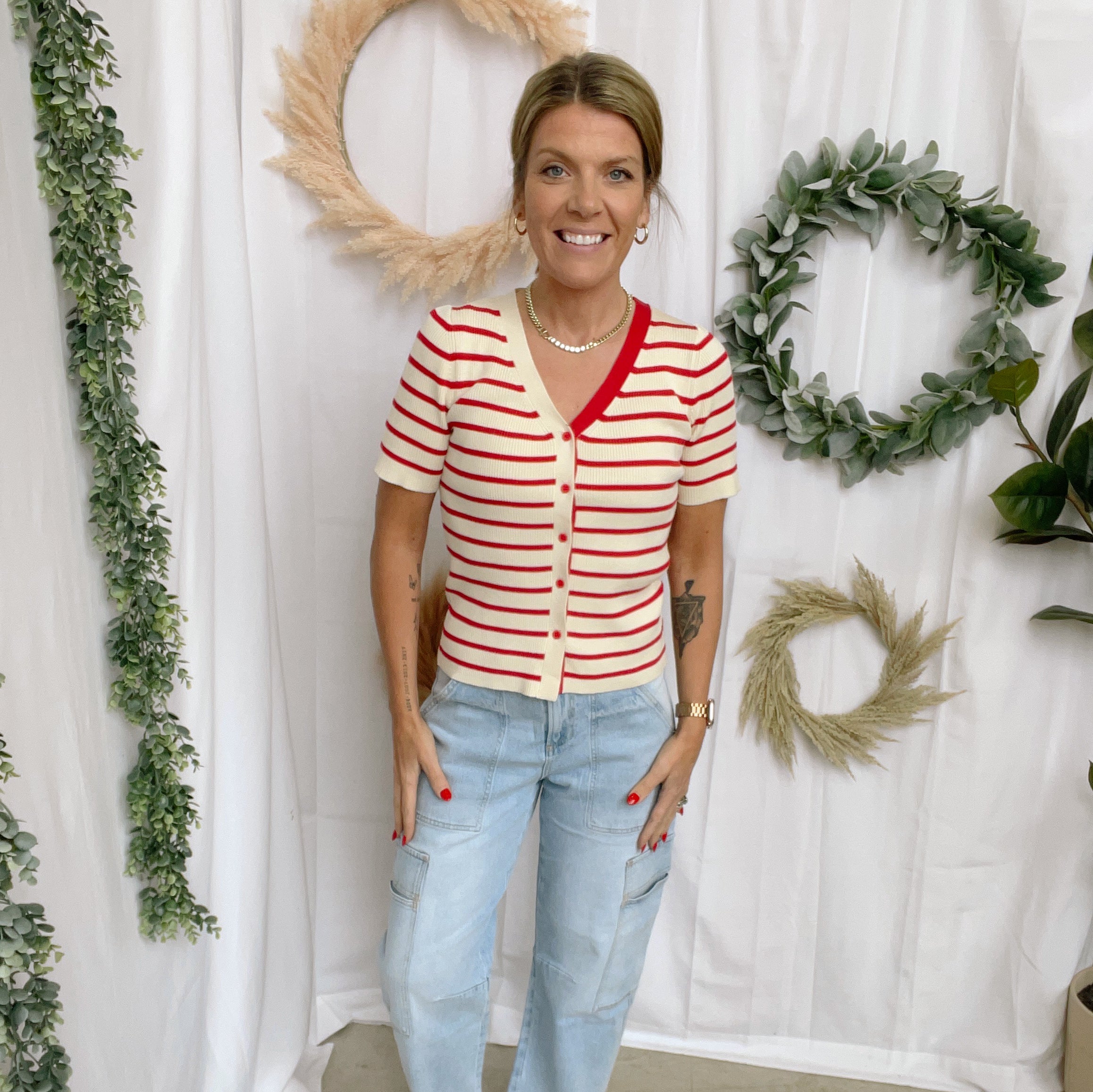 Red Stripe V Neck Button Down Top-Tank Tops-stacatto-The Silo Boutique, Women's Fashion Boutique Located in Warren and Grand Forks North Dakota