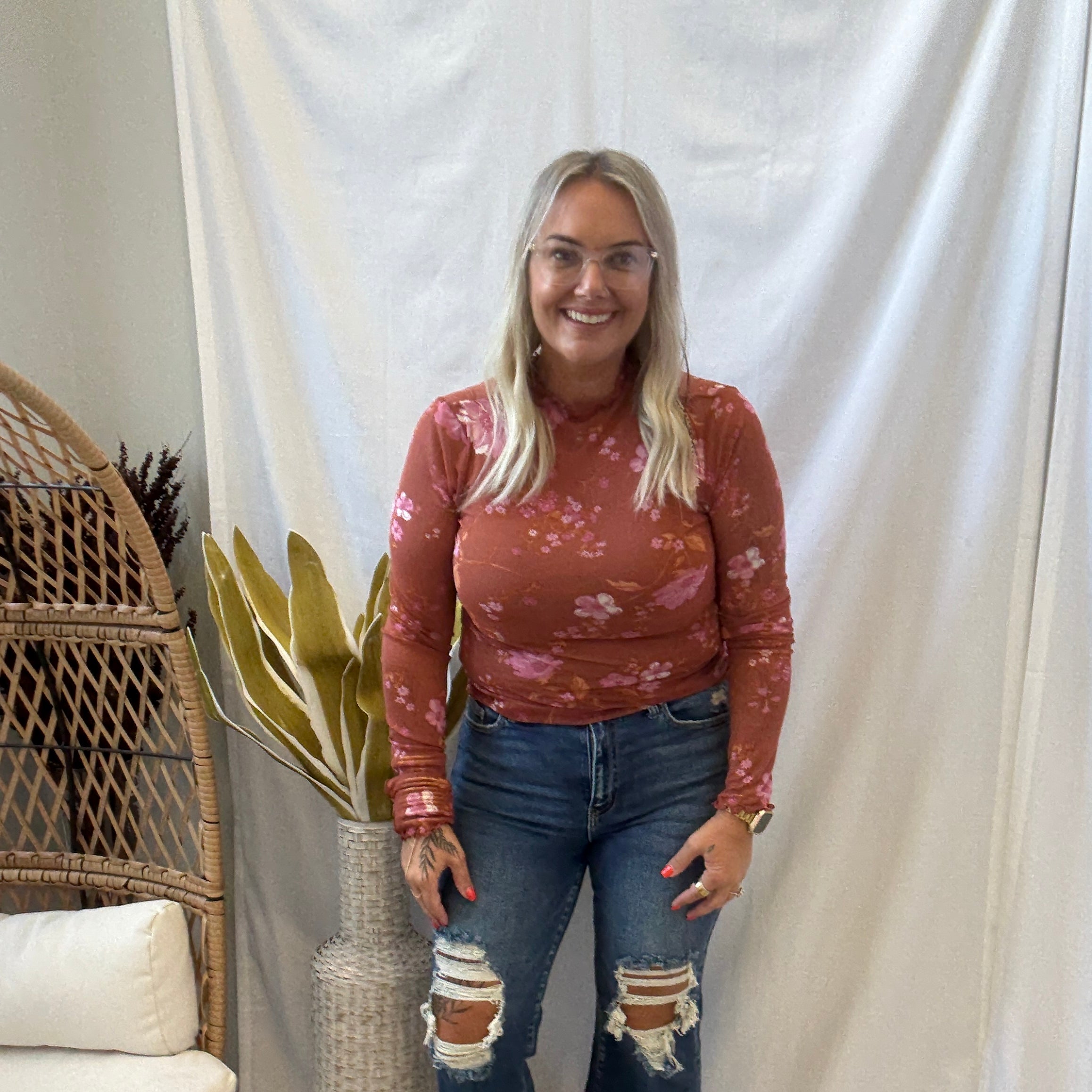 Sienna Print Mesh Long Sleeve Top-Long Sleeve Tops-hem and thread-The Silo Boutique, Women's Fashion Boutique Located in Warren and Grand Forks North Dakota