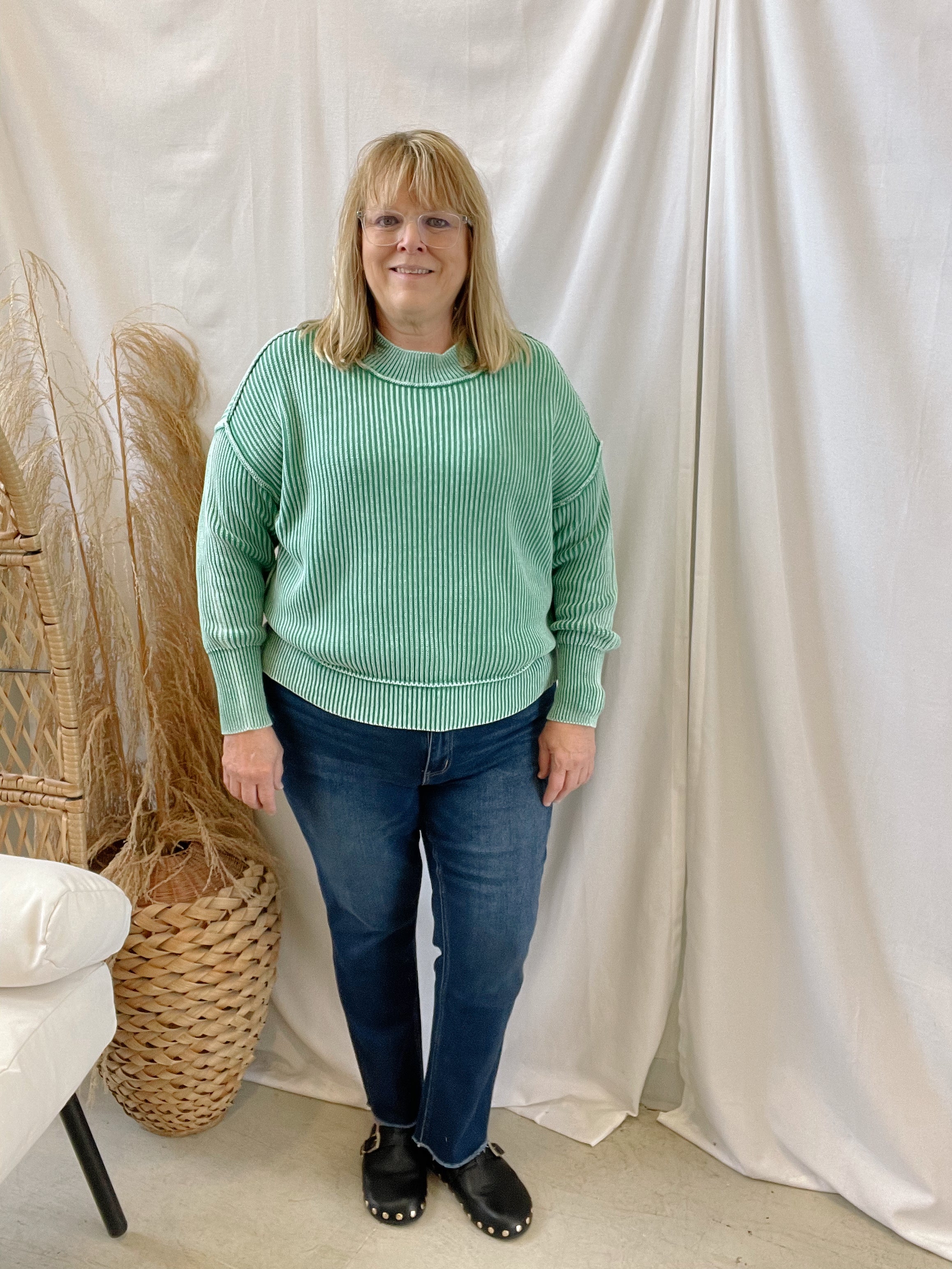 Green Wash Side Slit Sweater-Sweaters-Zenana-The Silo Boutique, Women's Fashion Boutique Located in Warren and Grand Forks North Dakota