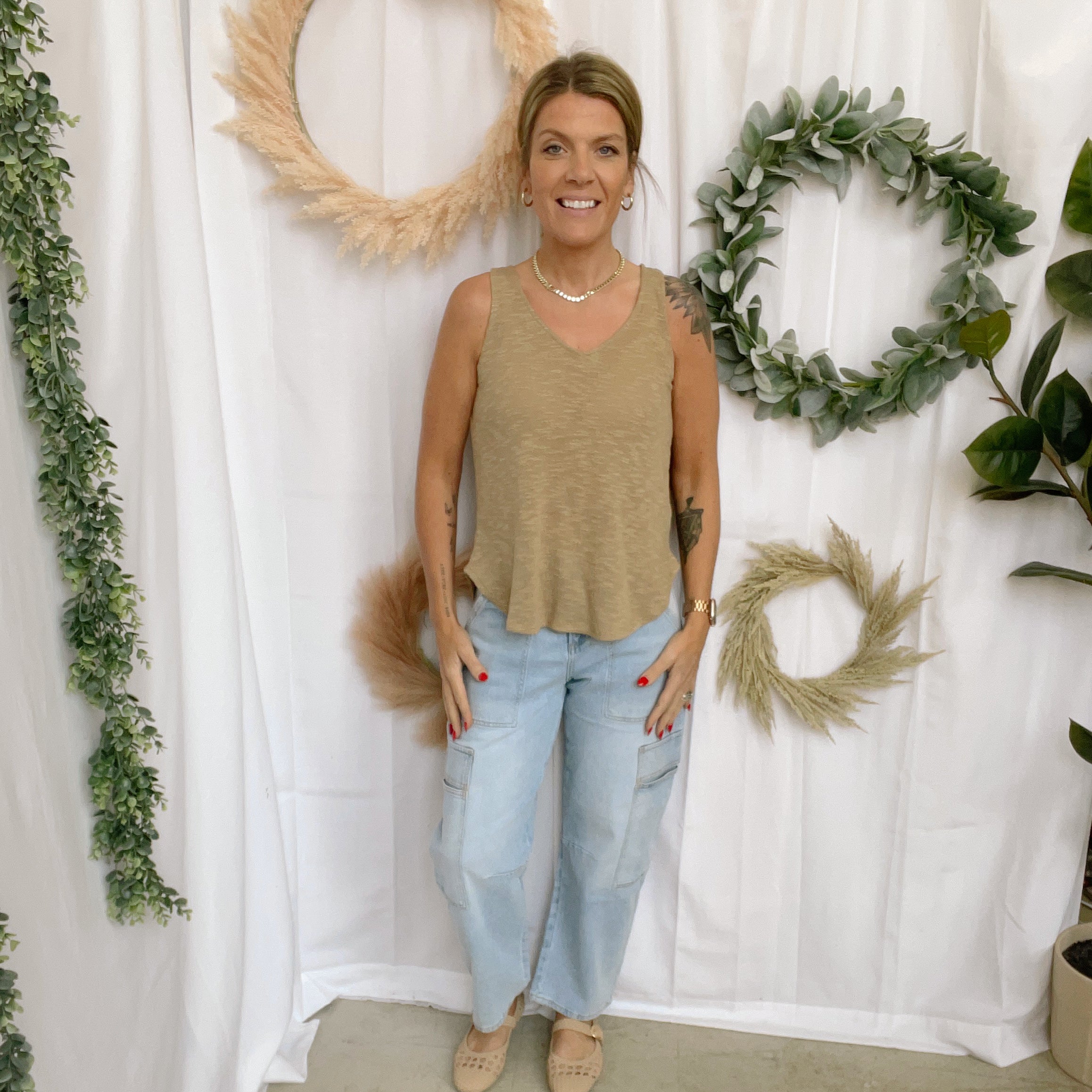 Mel V Neck Slub Tank Top-Camel-Tank Tops-Zenana-The Silo Boutique, Women's Fashion Boutique Located in Warren and Grand Forks North Dakota