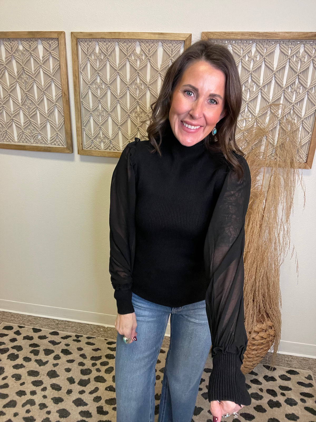 Elan Quinn Sweater Mesh Sleeve Top-Long Sleeve Tops-elan-The Silo Boutique, Women's Fashion Boutique Located in Warren and Grand Forks North Dakota