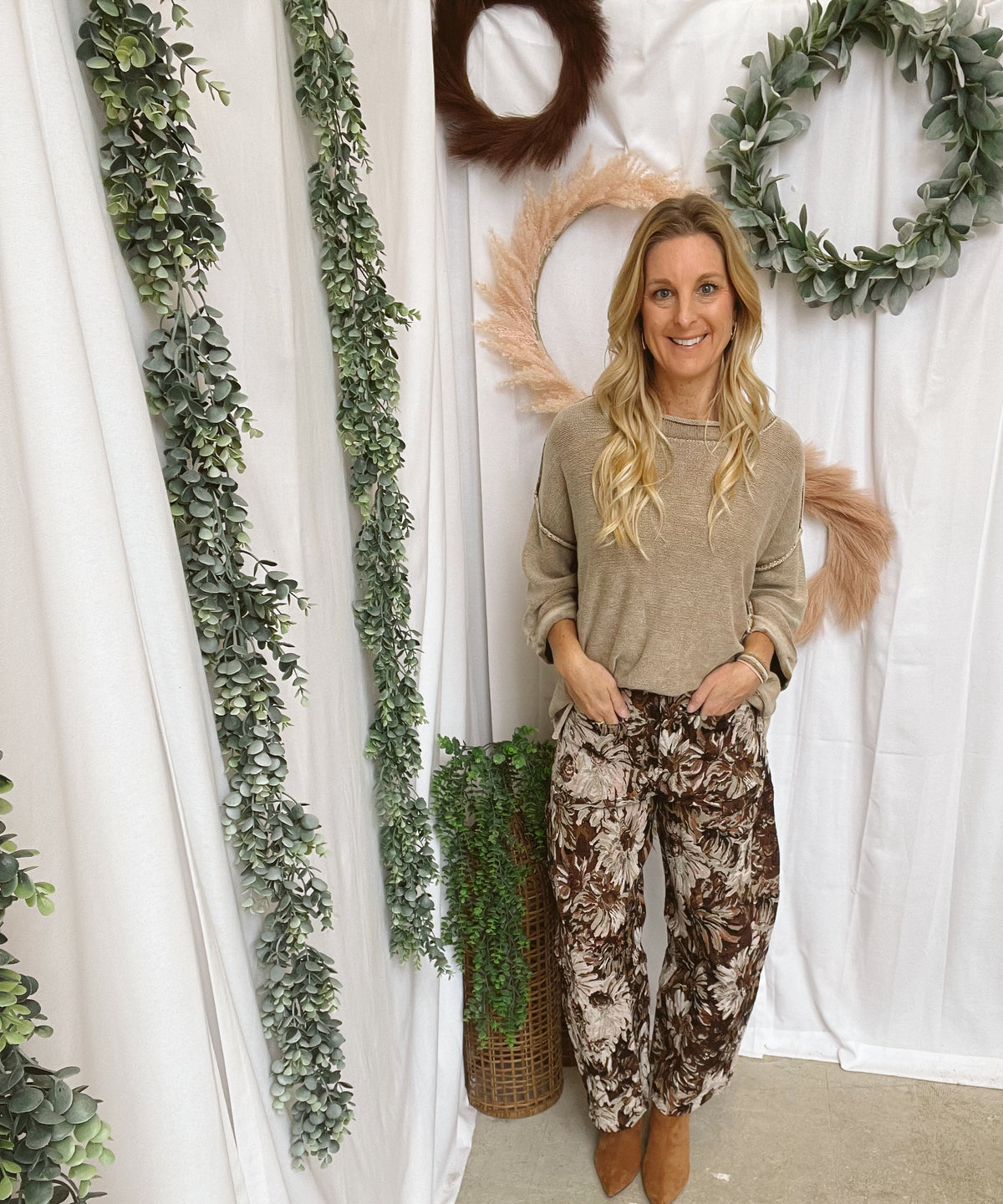Dani Tapestry Brown Barrel Pants-Jeans-davi dani-The Silo Boutique, Women's Fashion Boutique Located in Warren and Grand Forks North Dakota
