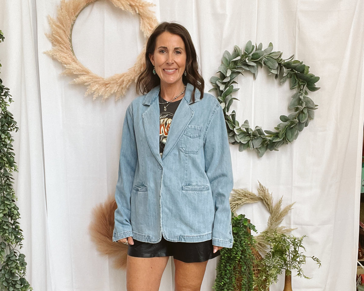 Risen Medium Wash Denim Blazer-Coats & Jackets-risen-The Silo Boutique, Women's Fashion Boutique Located in Warren and Grand Forks North Dakota